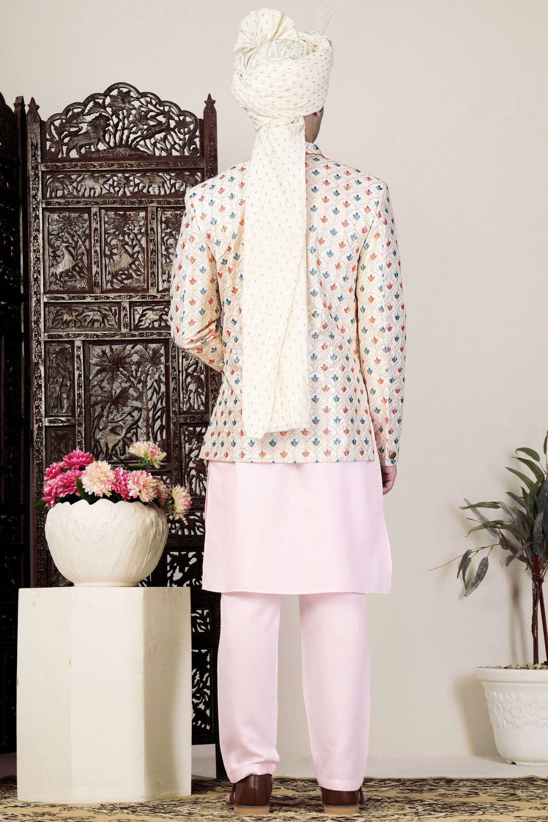 Ecru Cream and Heather Blue Multicolour Thread Embroidered Jodhpuri