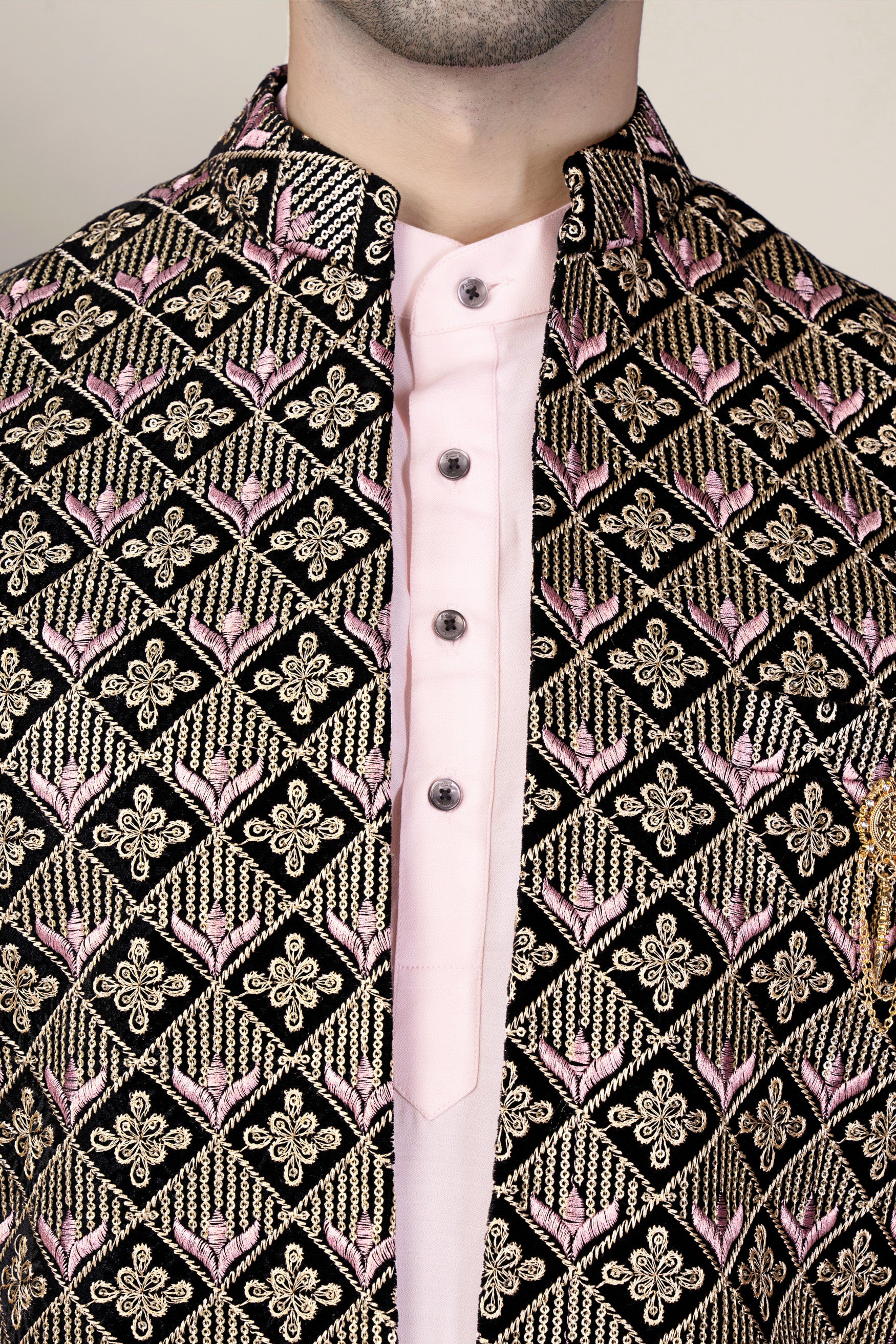 Jade Black and Wewak Pink Geometric Thread Embroidered Indo-Western