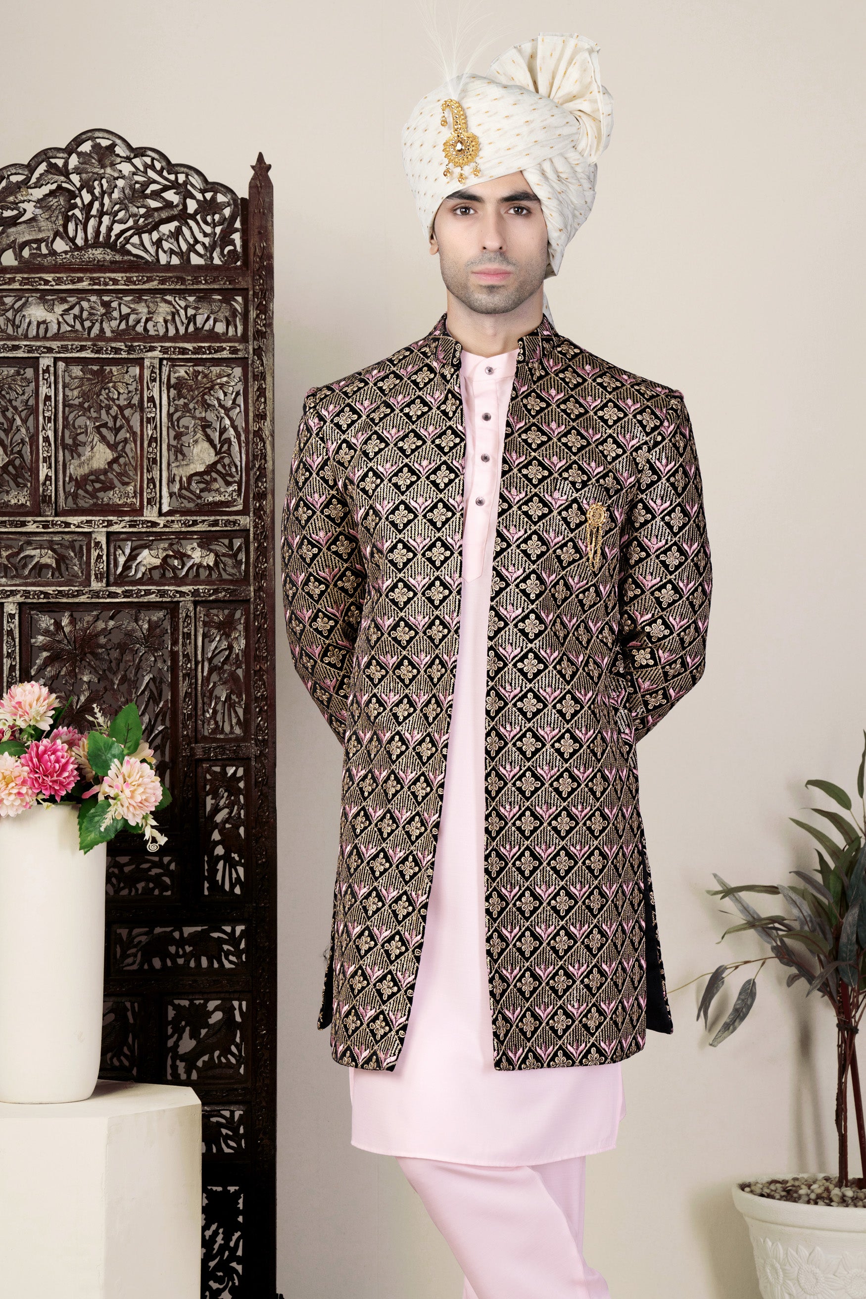 Jade Black and Wewak Pink Geometric Thread Embroidered Indo-Western