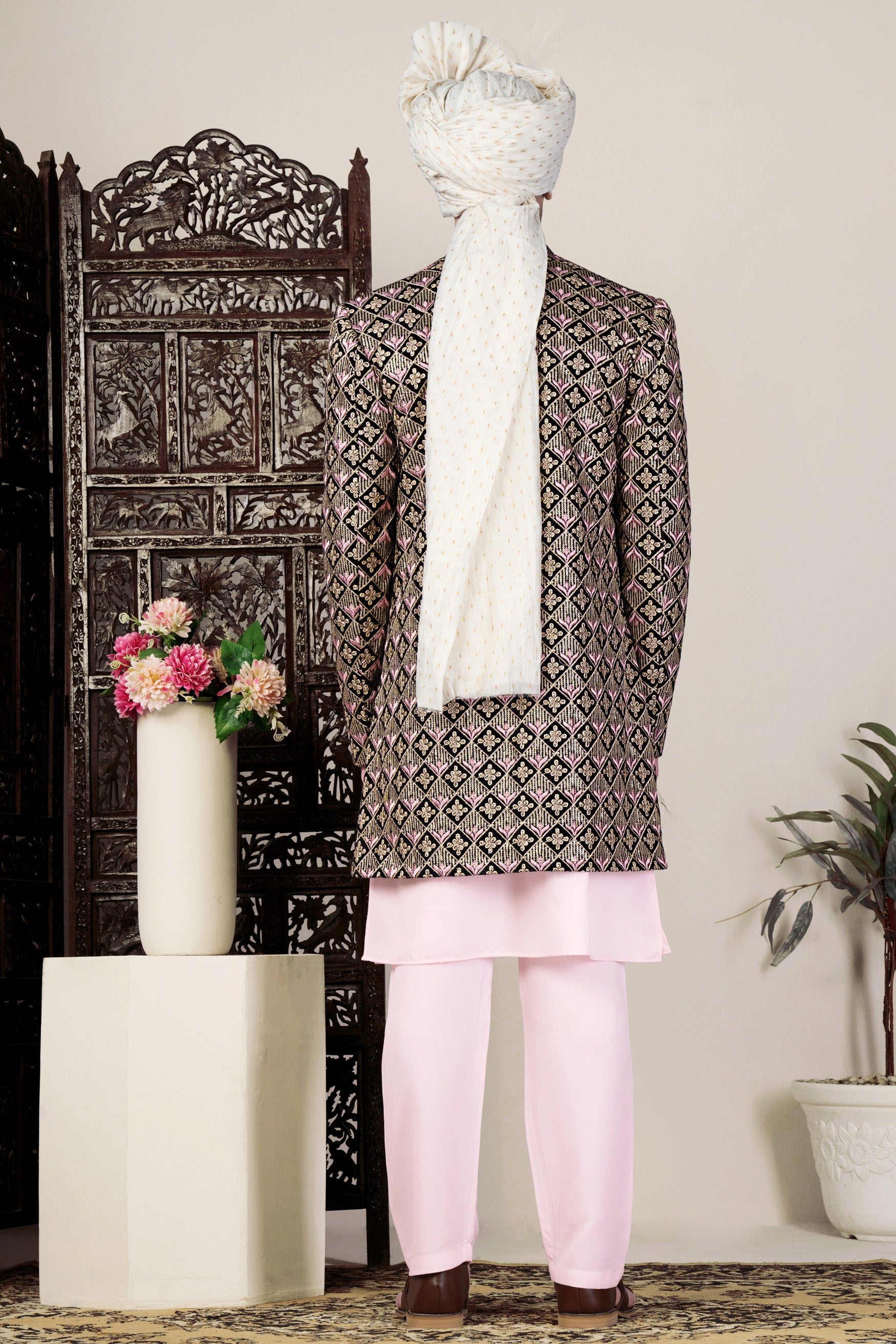 Jade Black and Wewak Pink Geometric Thread Embroidered Indo-Western