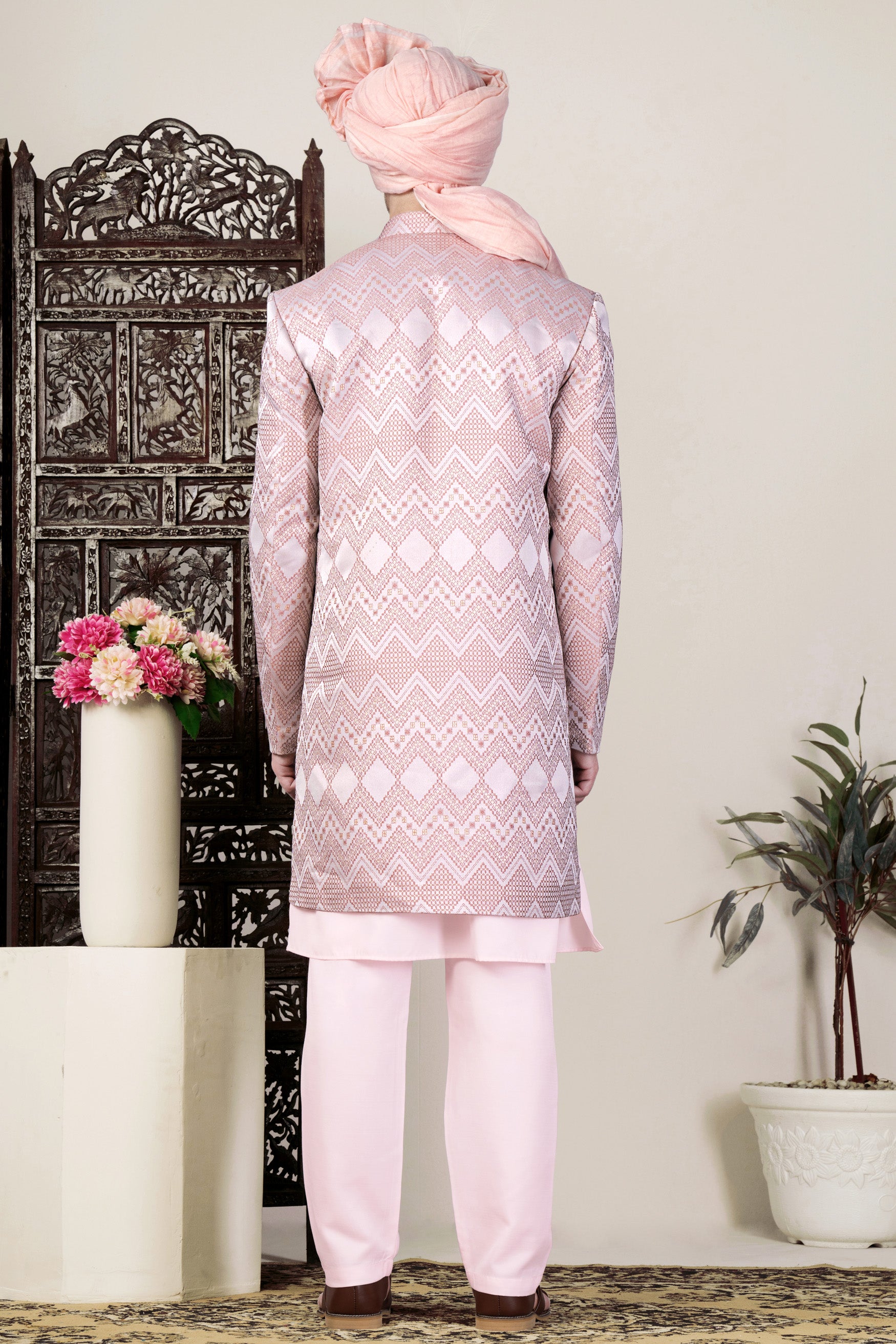 Blossom Pink Thread and Chevron Sequin Embroidered Indo-Western Sherwani Set