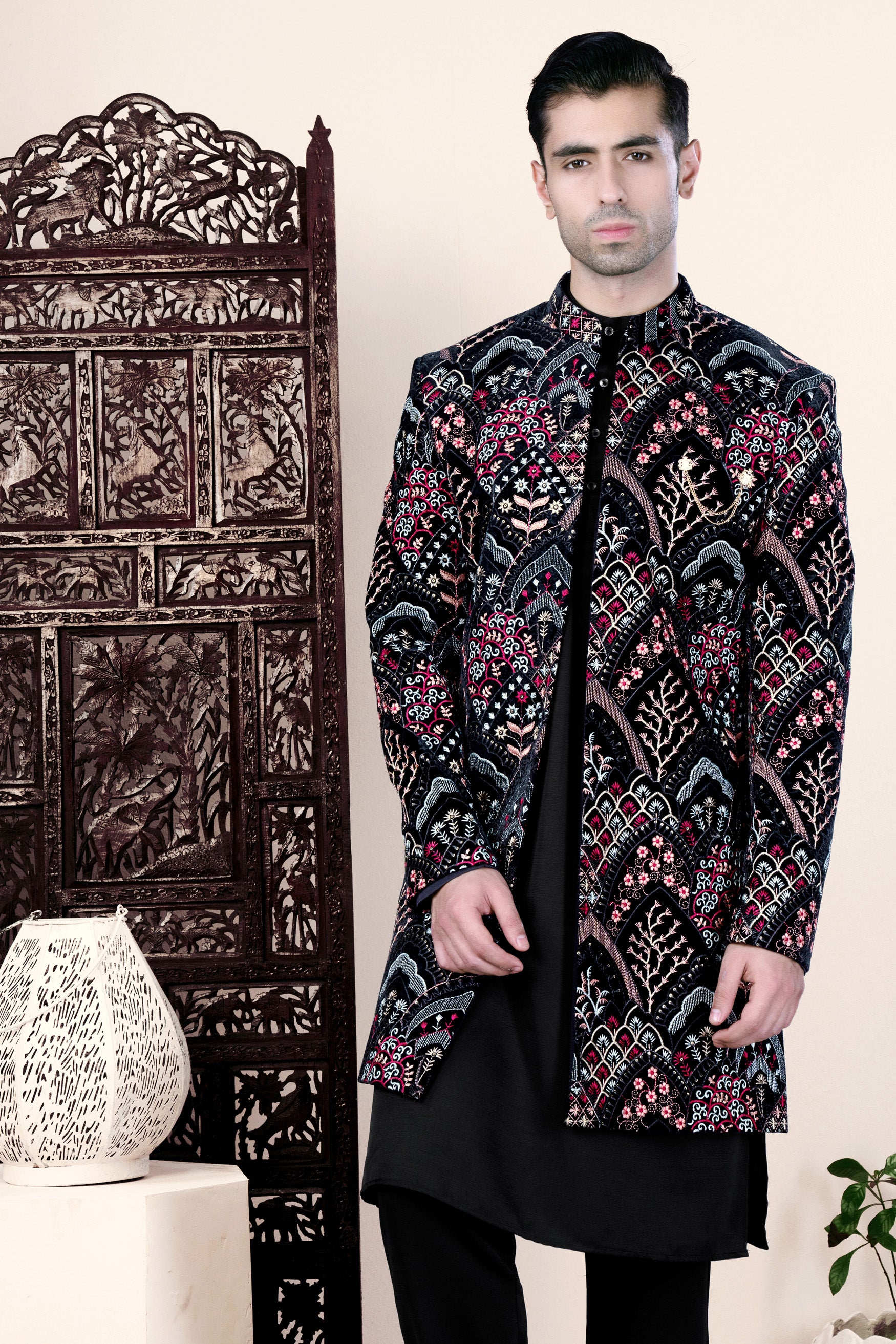 Jade Black with Tyrian Pink and Opium Brown Multicolour Floral Embroidered Indo-Western Set