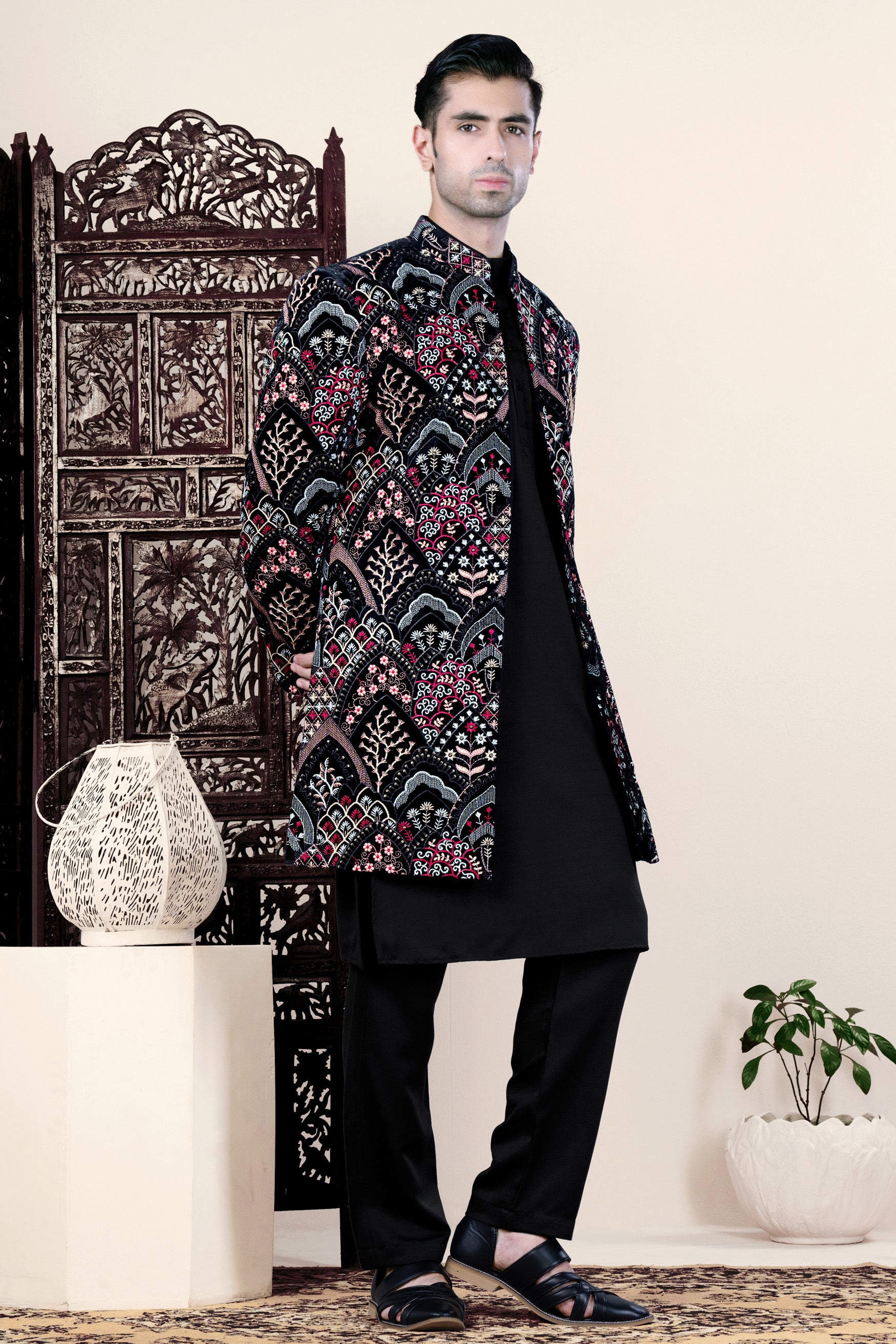 Jade Black with Tyrian Pink and Opium Brown Multicolour Floral Embroidered Indo-Western Set
