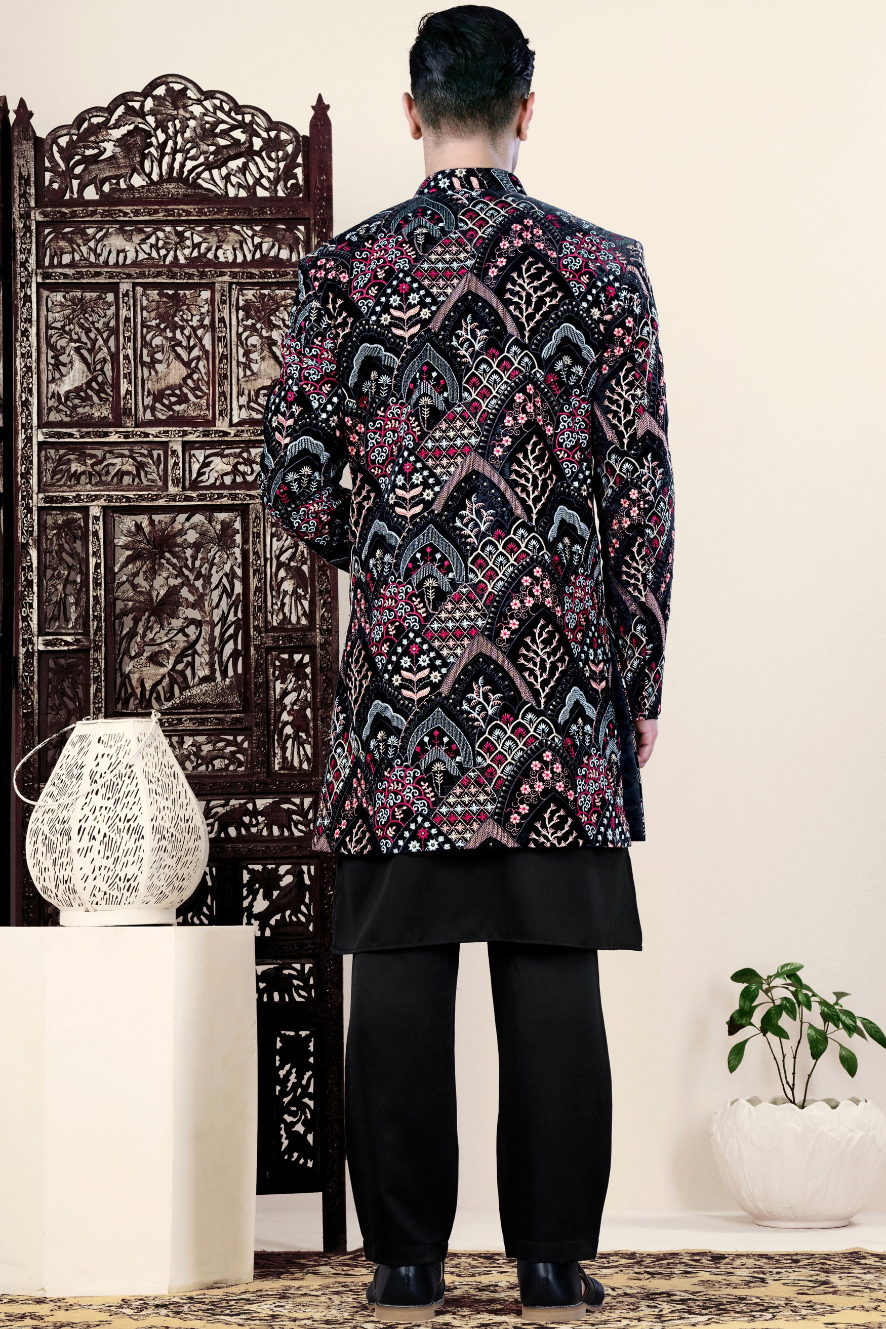 Jade Black with Tyrian Pink and Opium Brown Multicolour Floral Embroidered Indo-Western Set