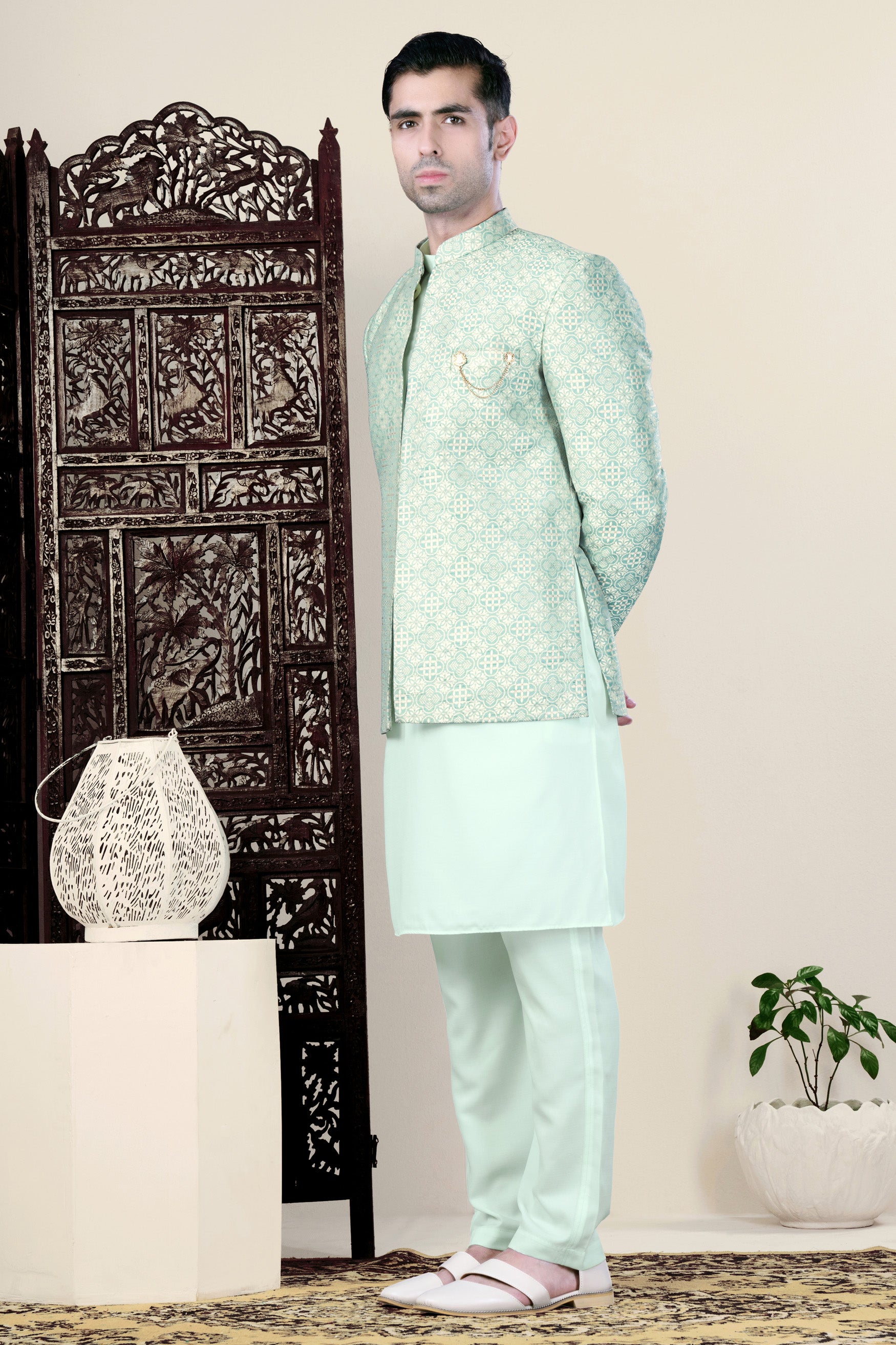 Jagged Blue and Derby Cream Jacquard Weave Jodhpuri