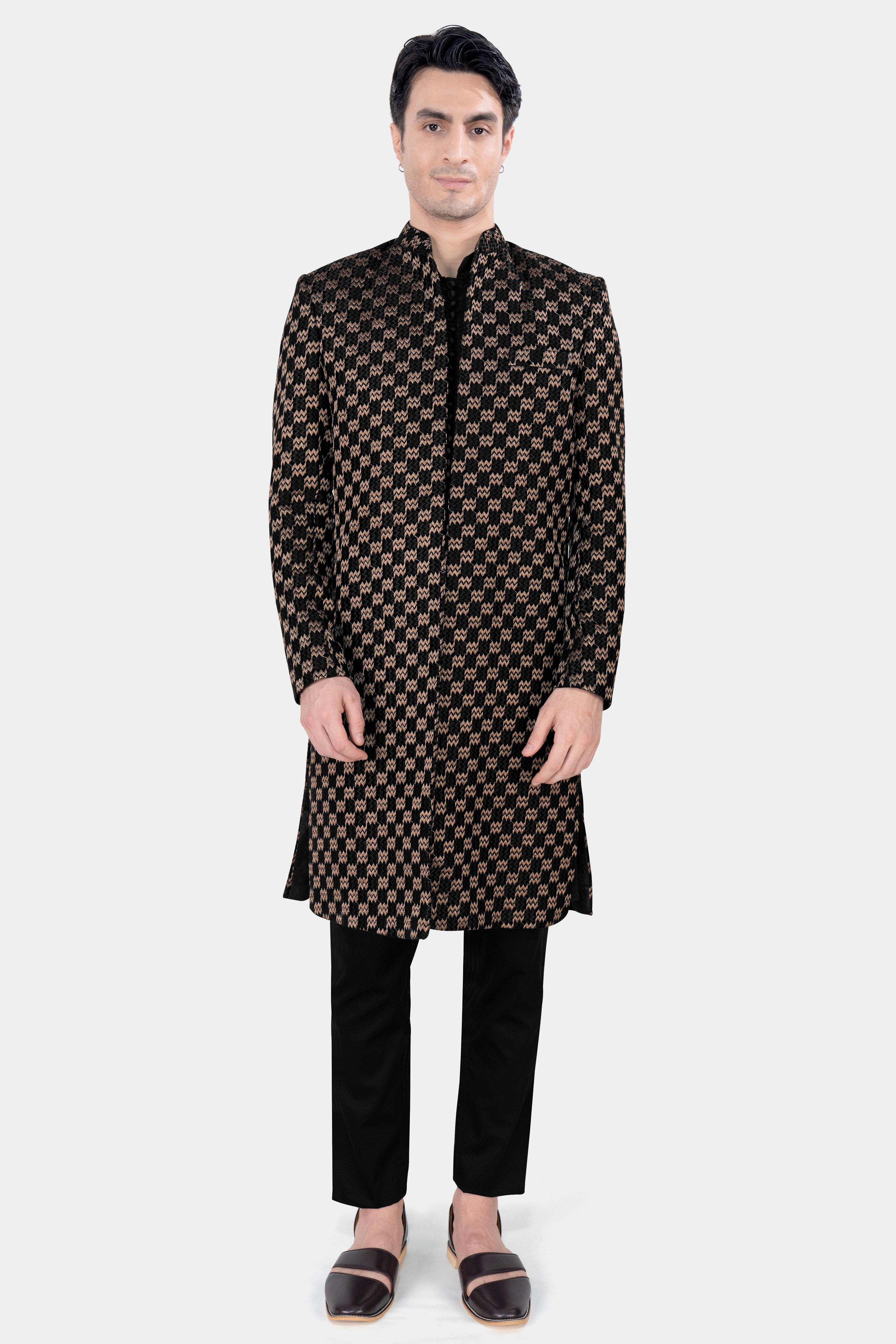 Jade Black and Toast Brown Zig Zag Embroidered Indo Western with Black Kurta and Pant Set