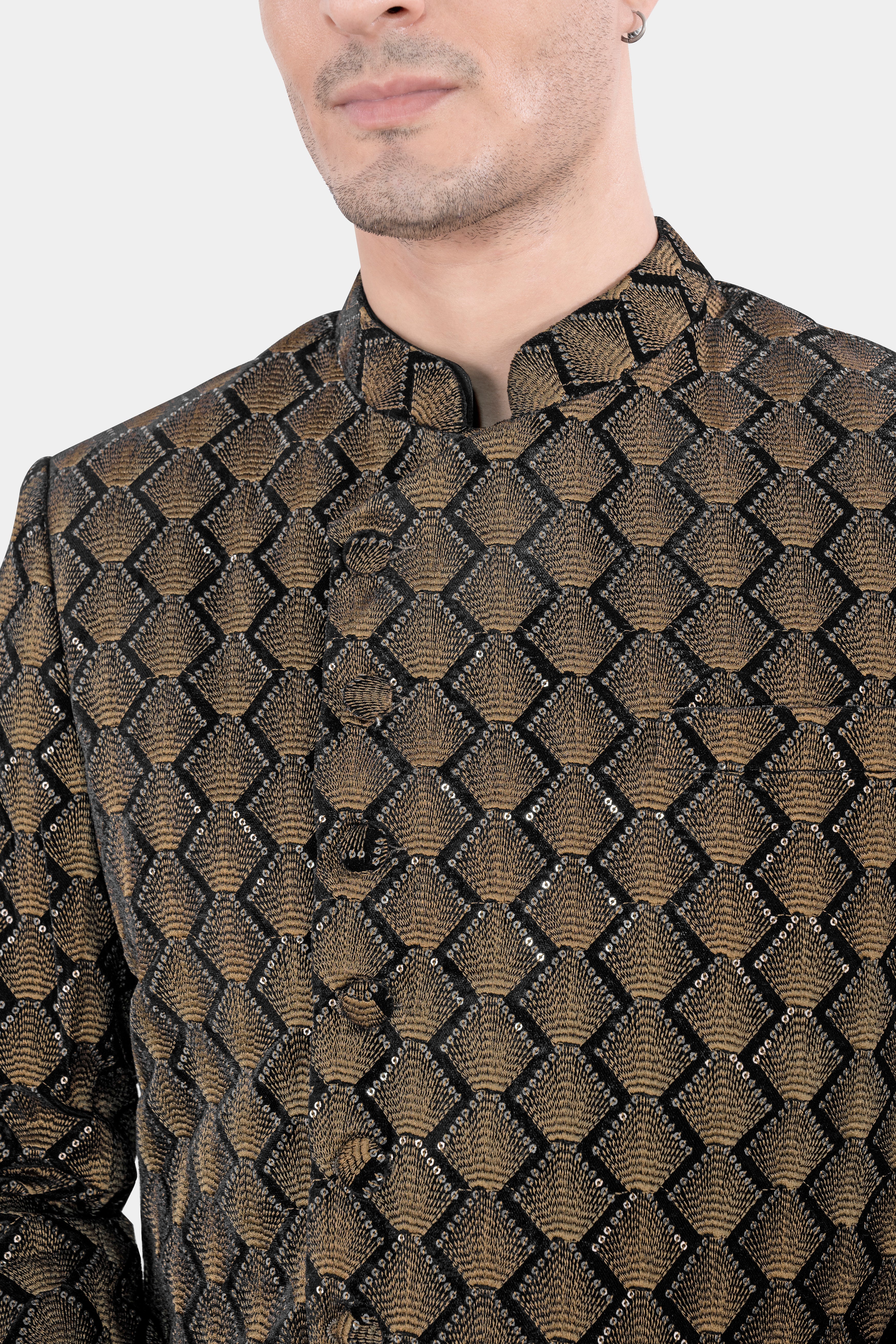 Jade Black and Toast Brown Golden Thread Embroidered Indo Western with Kurta and Pant Set