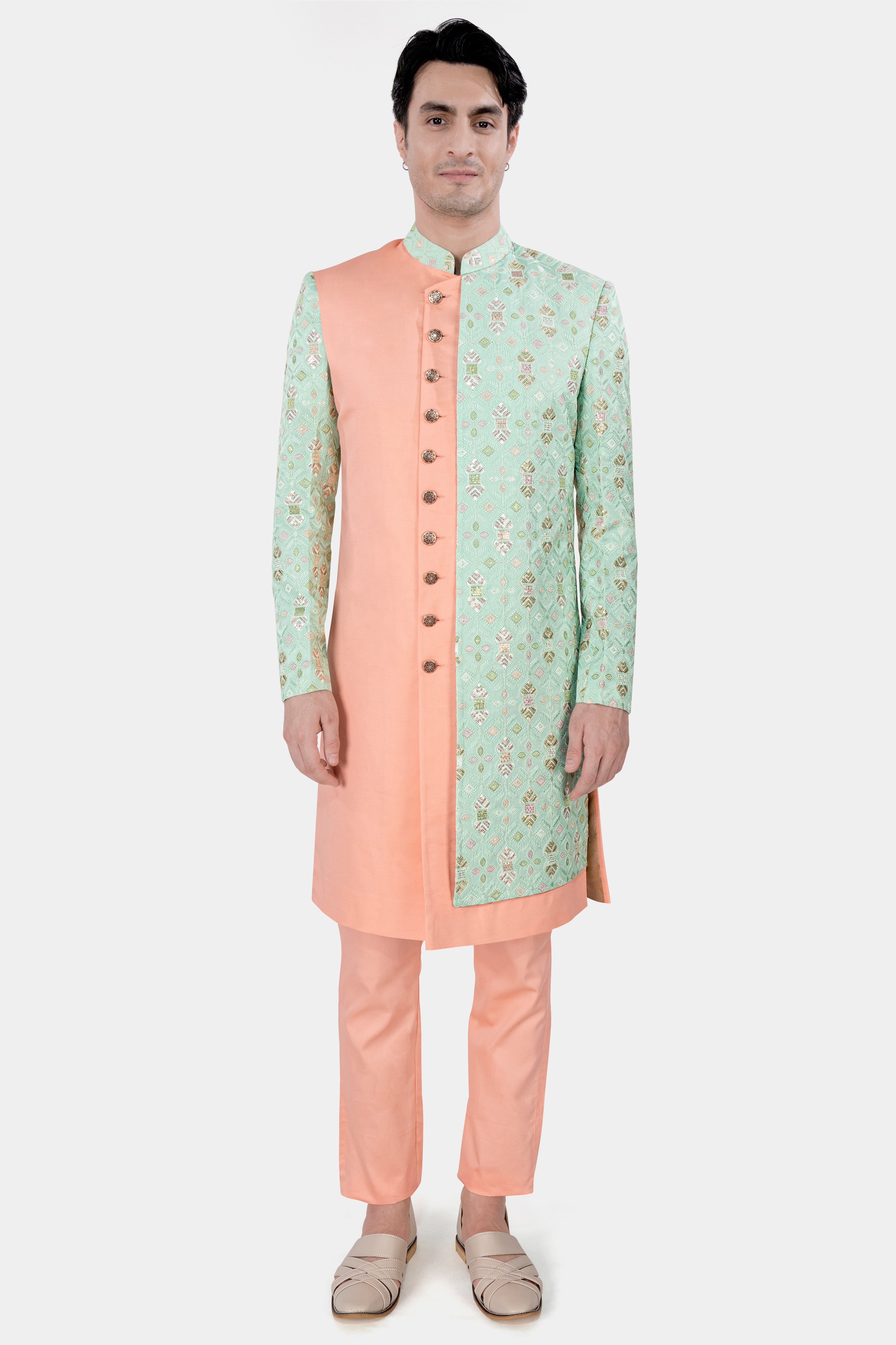 Half Bud Peach and Skeptic Green Embroidered with Sequins Work Indo Western with Kurta and Pant Set