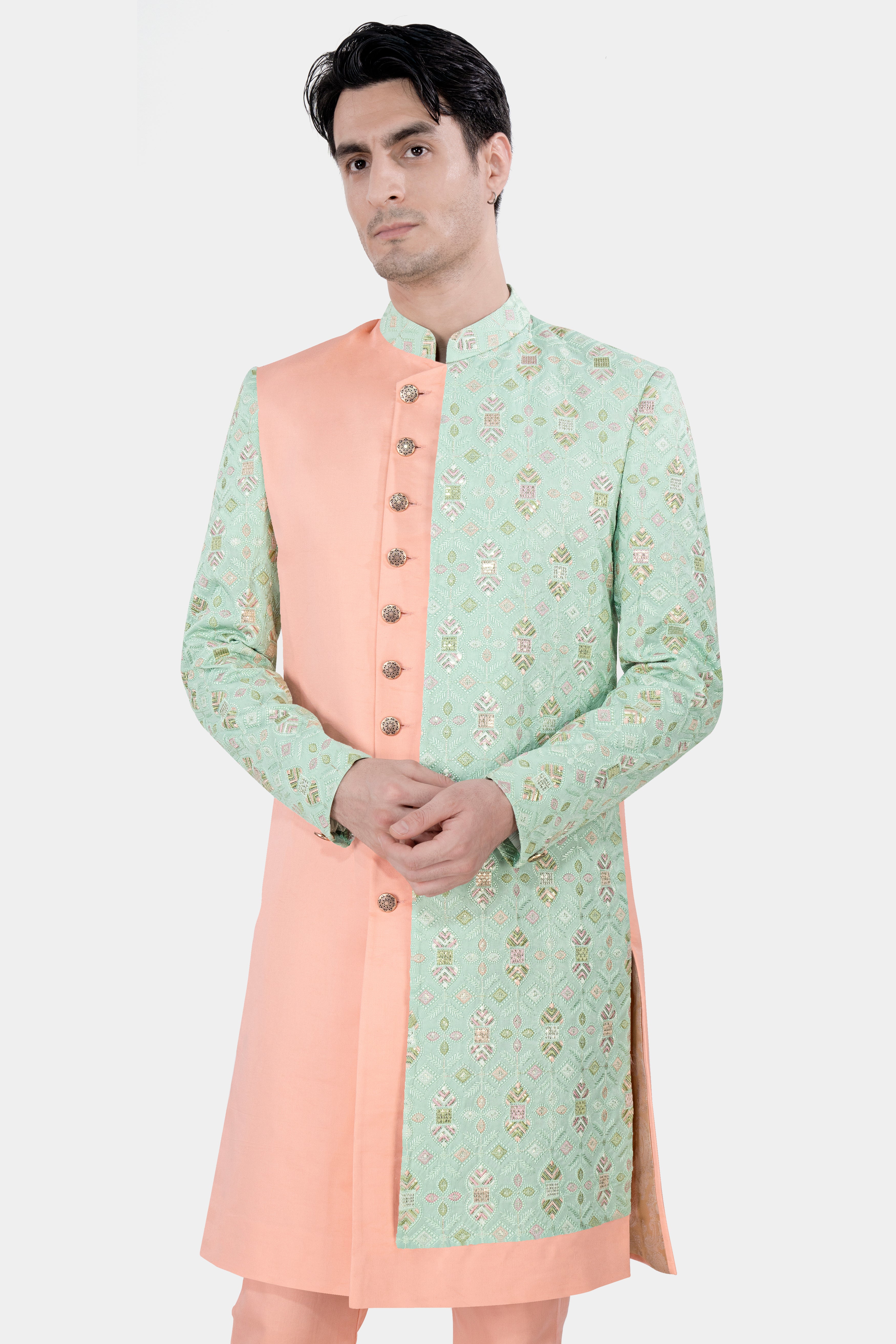 Half Bud Peach and Skeptic Green Embroidered with Sequins Work Indo Western with Kurta and Pant Set