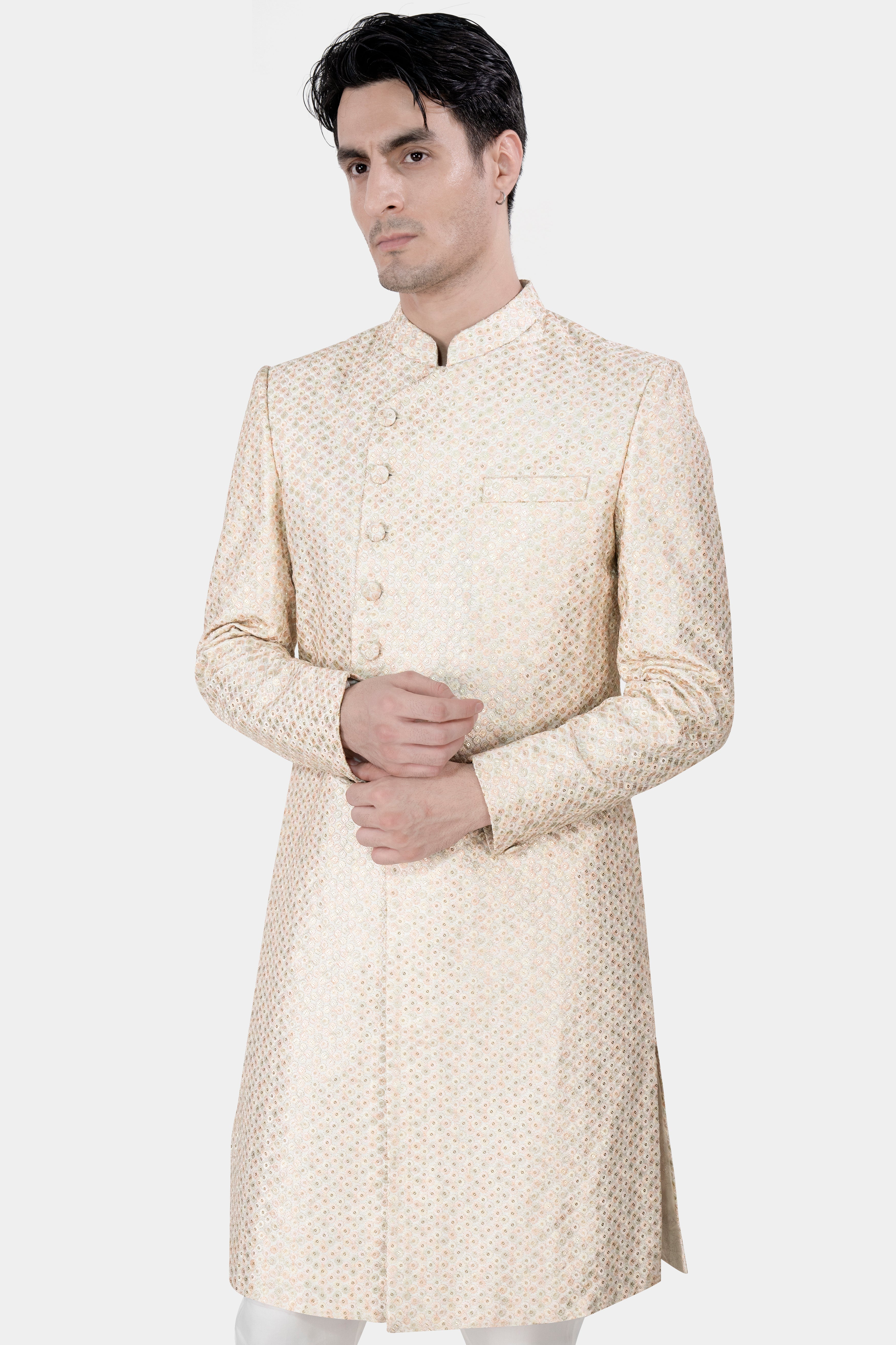 Bone Cream Embroidered with Sequins Work Sherwani with Kurta and Pajama Set