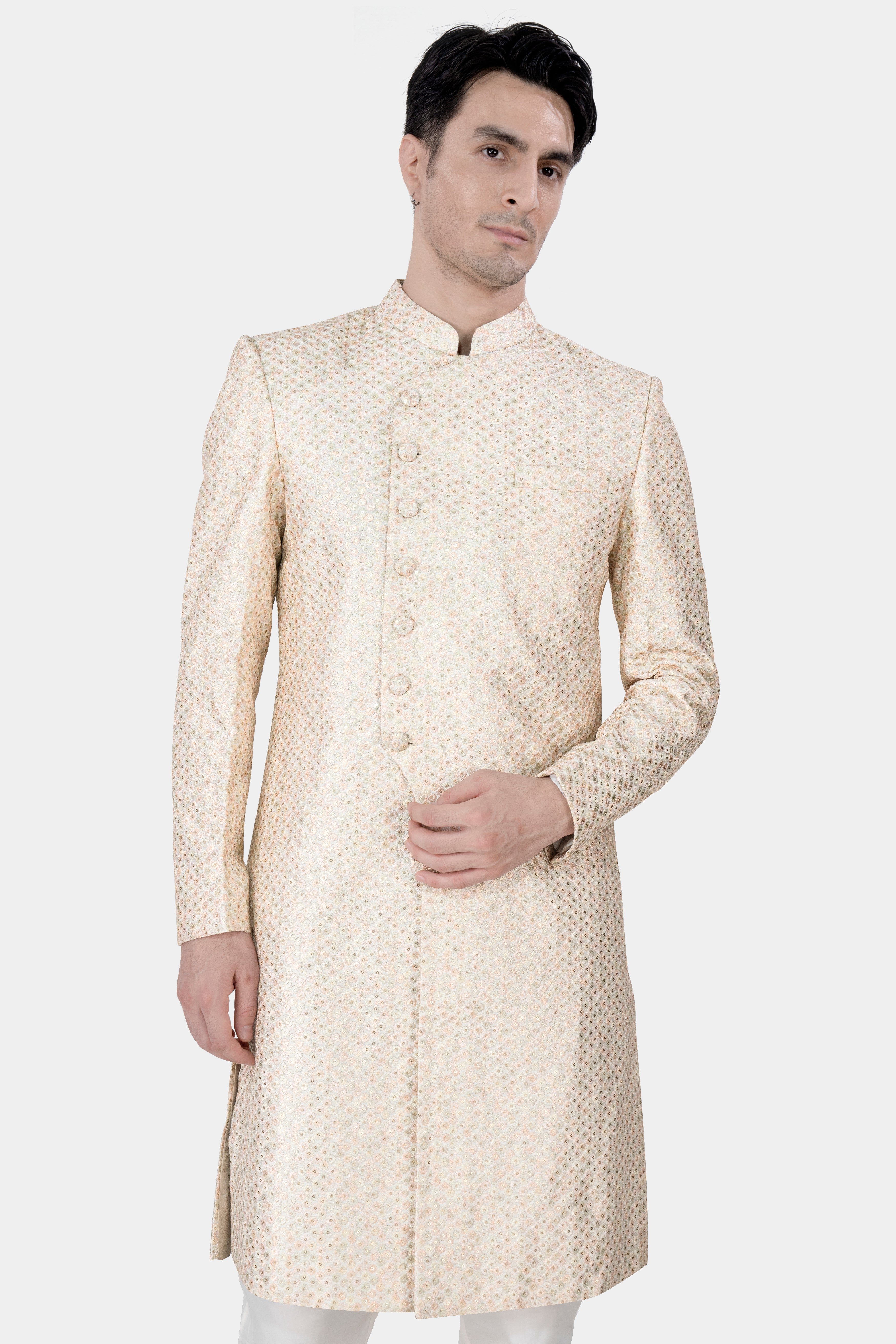 Bone Cream Embroidered with Sequins Work Sherwani with Kurta and Pajama Set