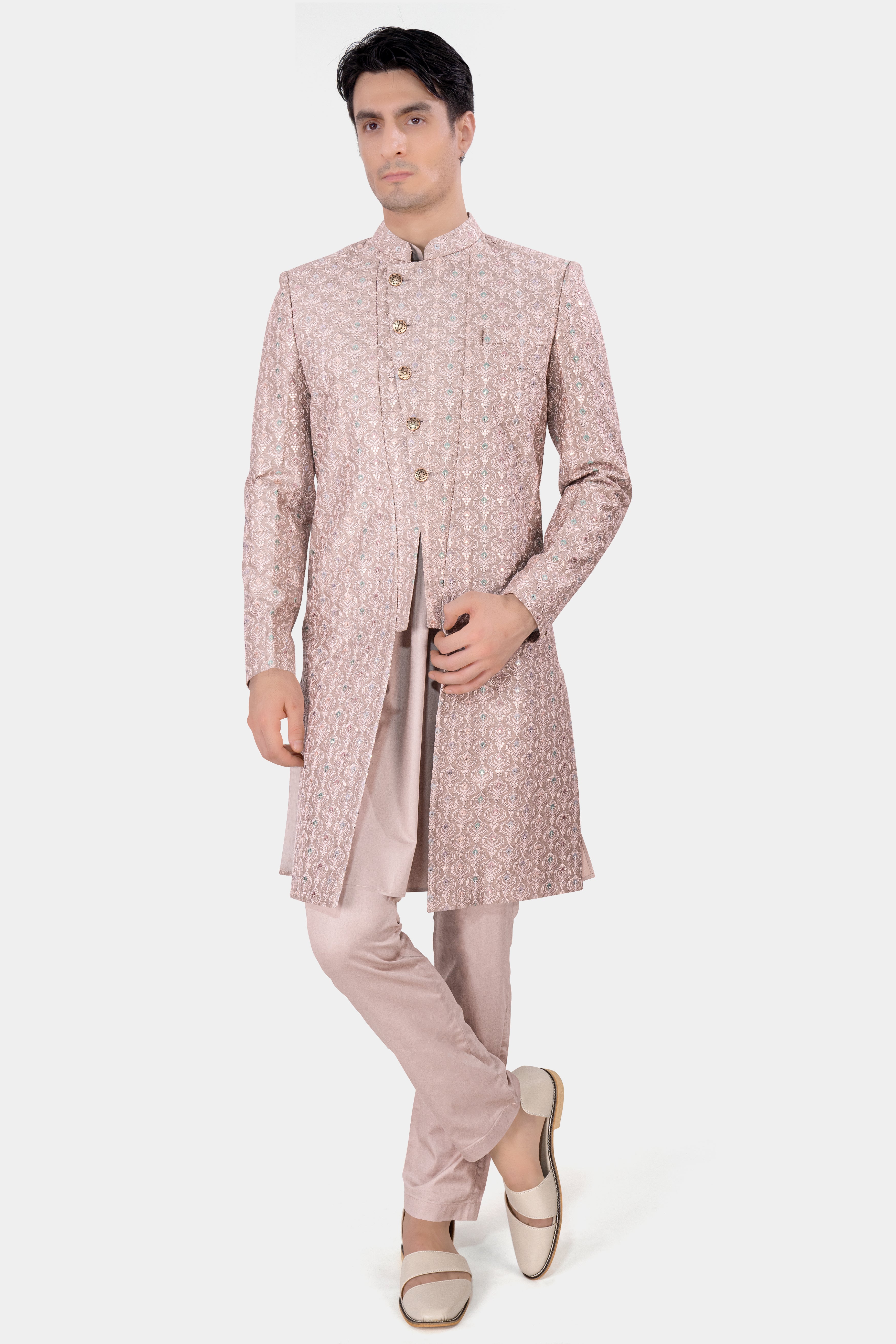 Rodeo Dust Peach Tone on Tone Sequins and Embroidered Work Sherwani with Kurta and Pant Set