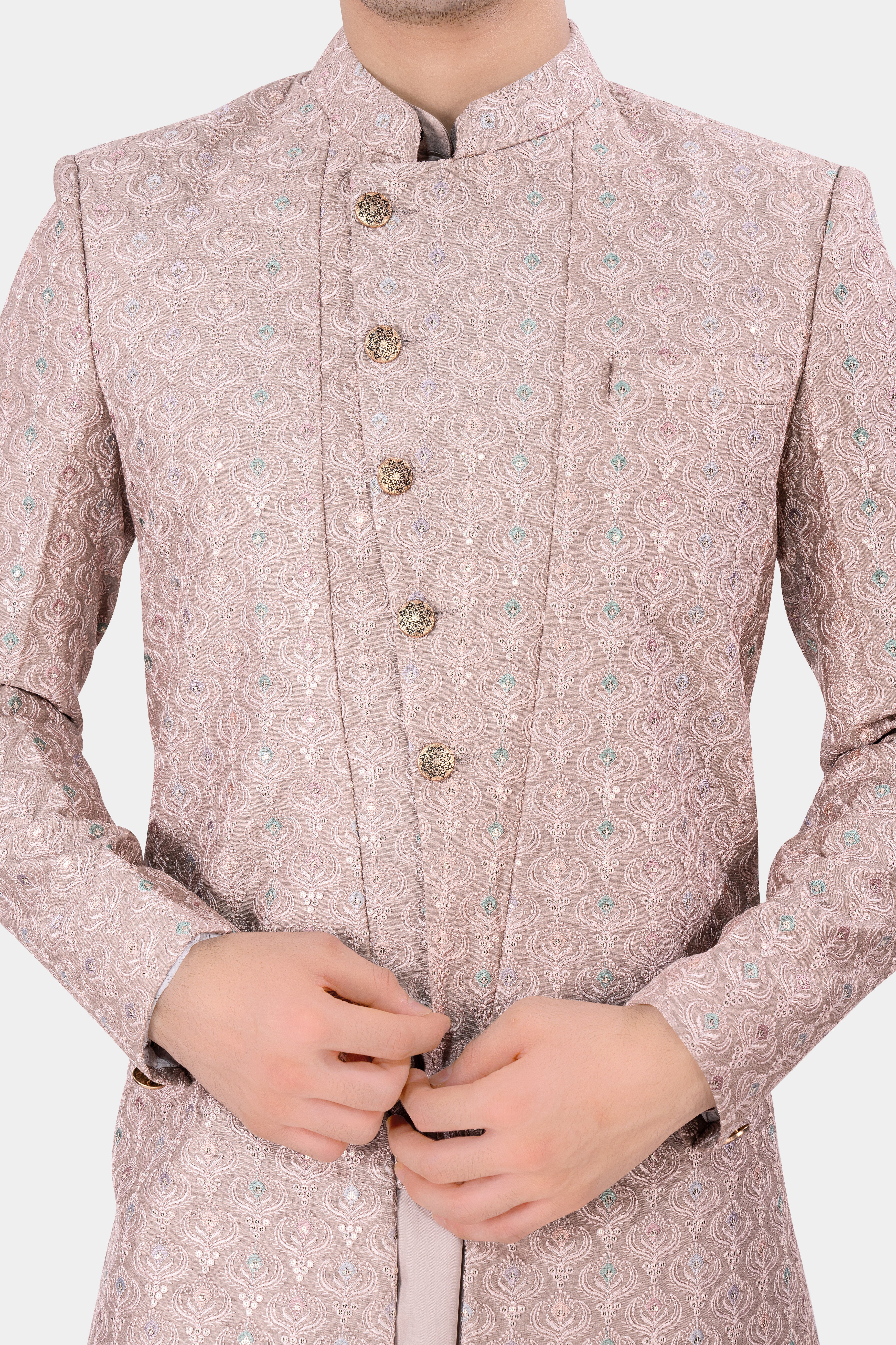 Rodeo Dust Peach Tone on Tone Sequins and Embroidered Work Sherwani with Kurta and Pant Set