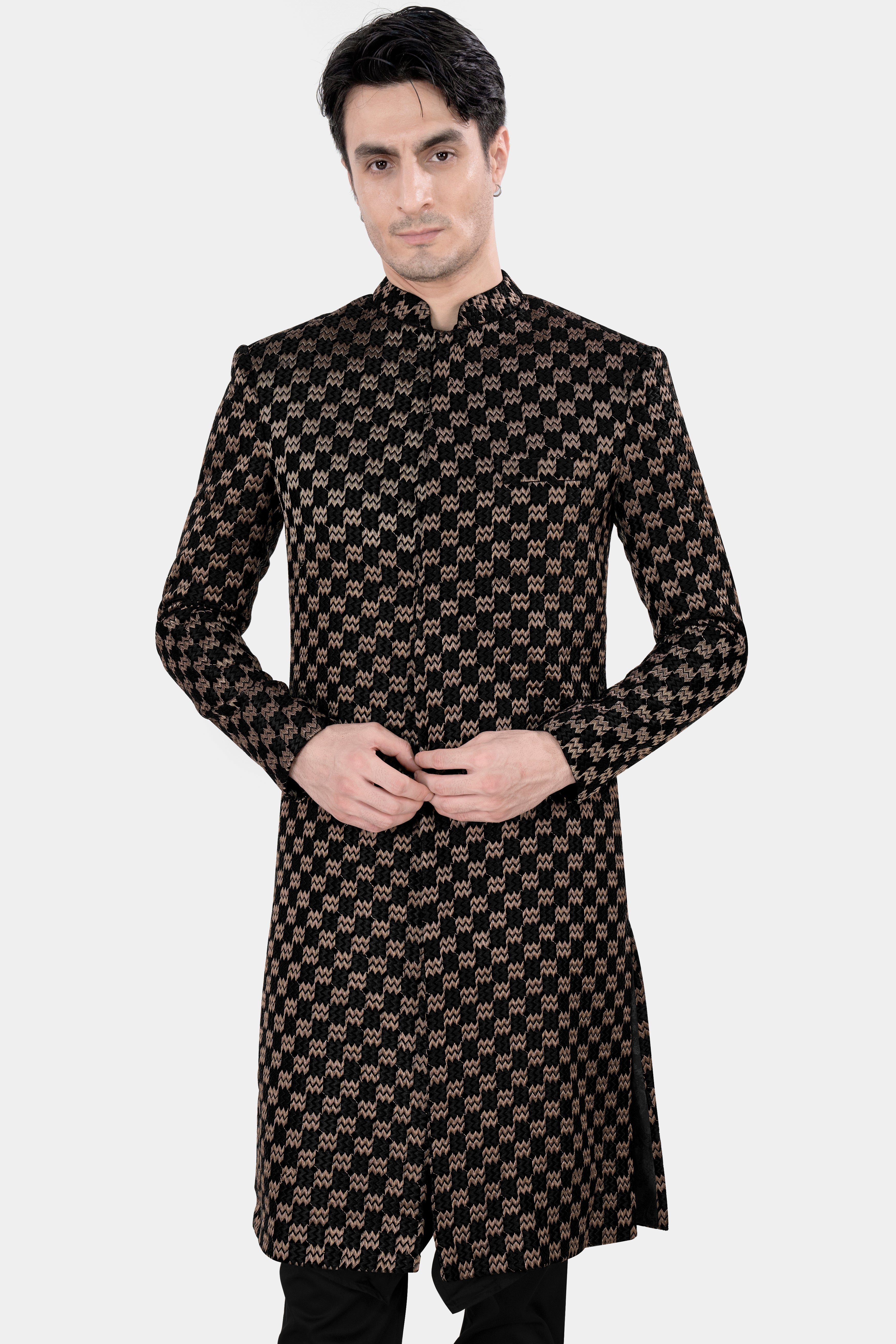 Jade Black and Toast Brown Zig Zag Embroidered Indo Western With Black Kurta and Pajama Set