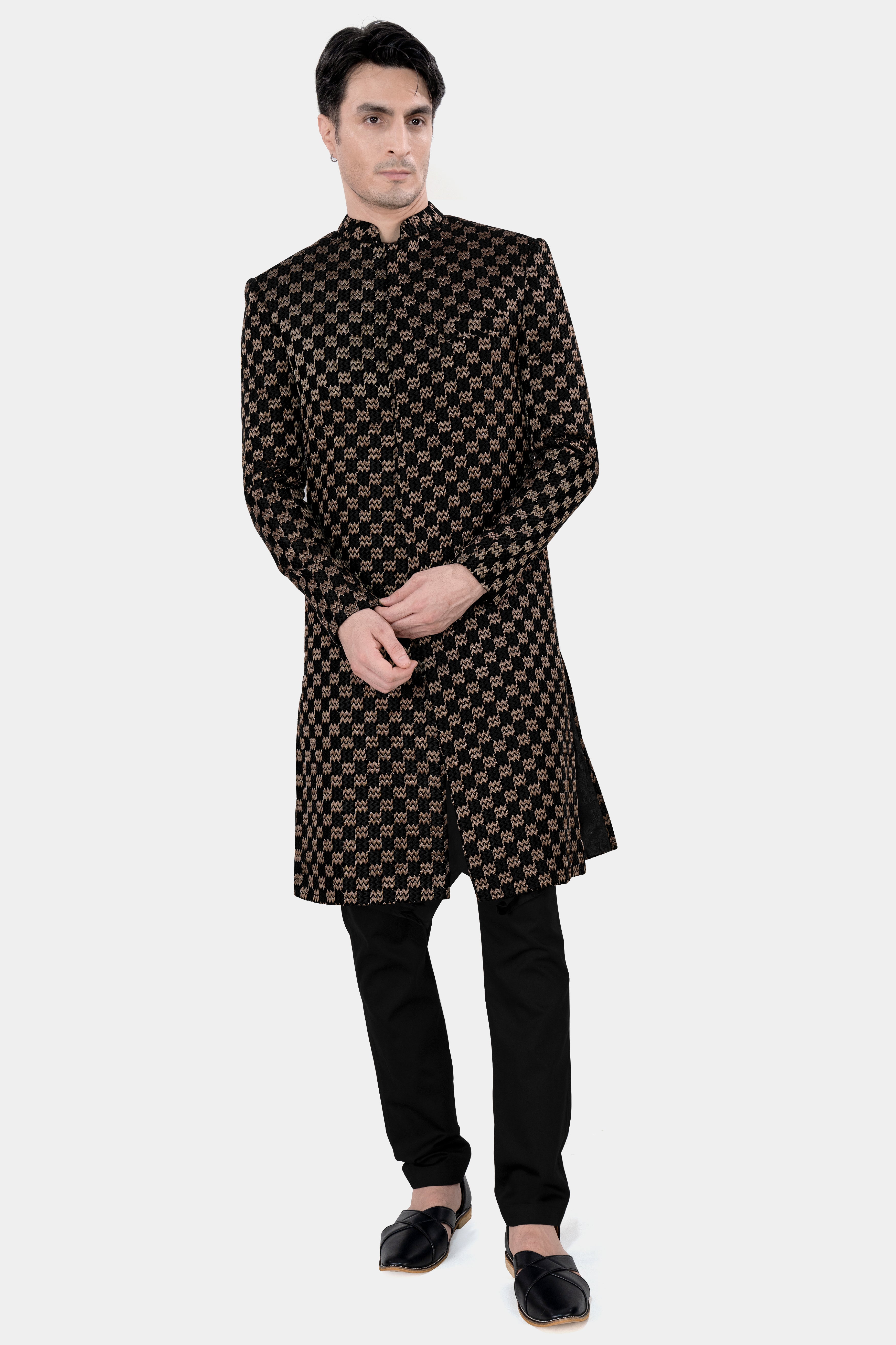Jade Black and Toast Brown Zig Zag Embroidered Indo Western With Black Kurta and Pajama Set
