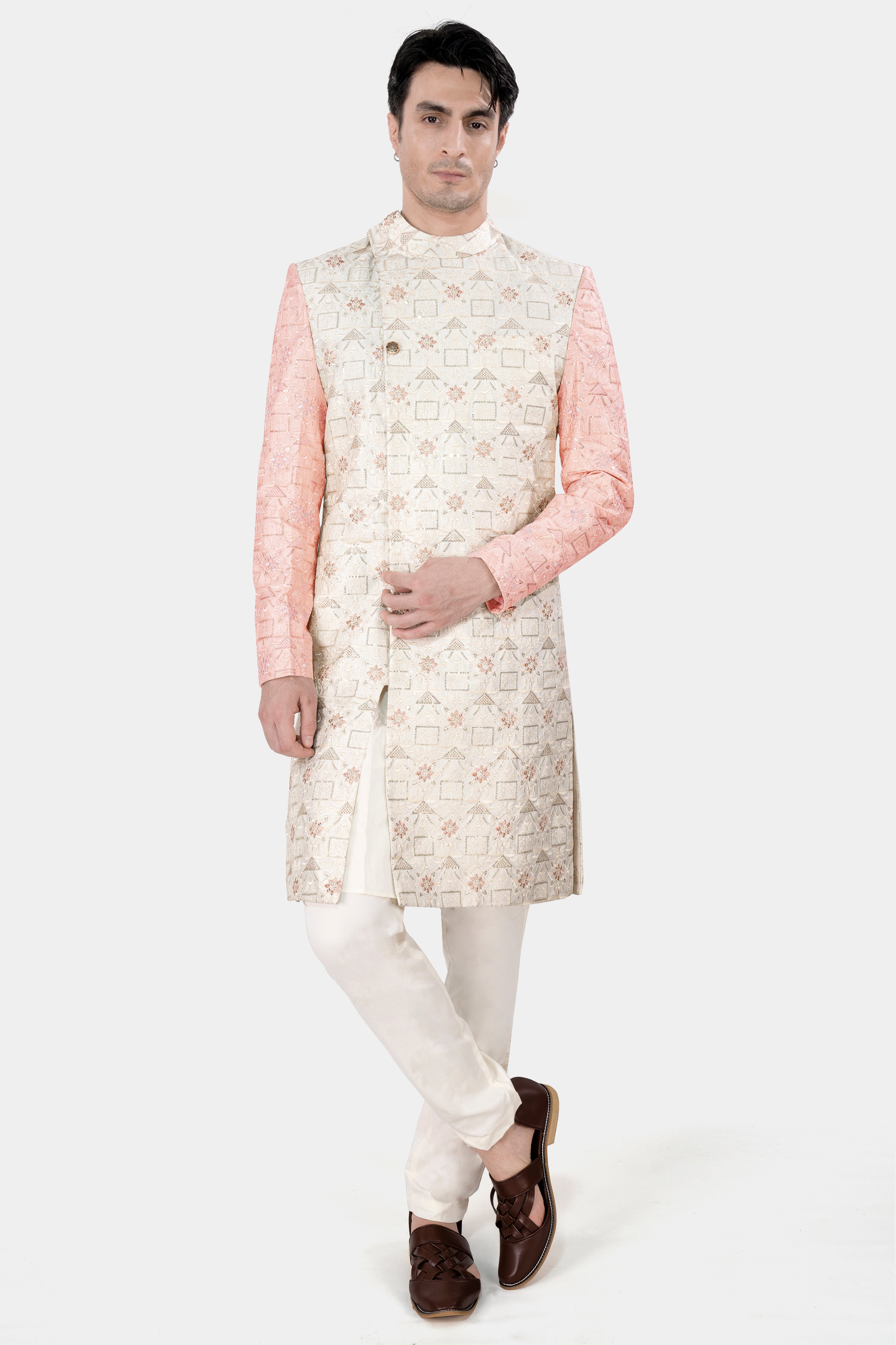 Alabaster Cream and Blush Pink Embroidered With Sequins Work Sherwani With Cream Kurta and Pajama Set