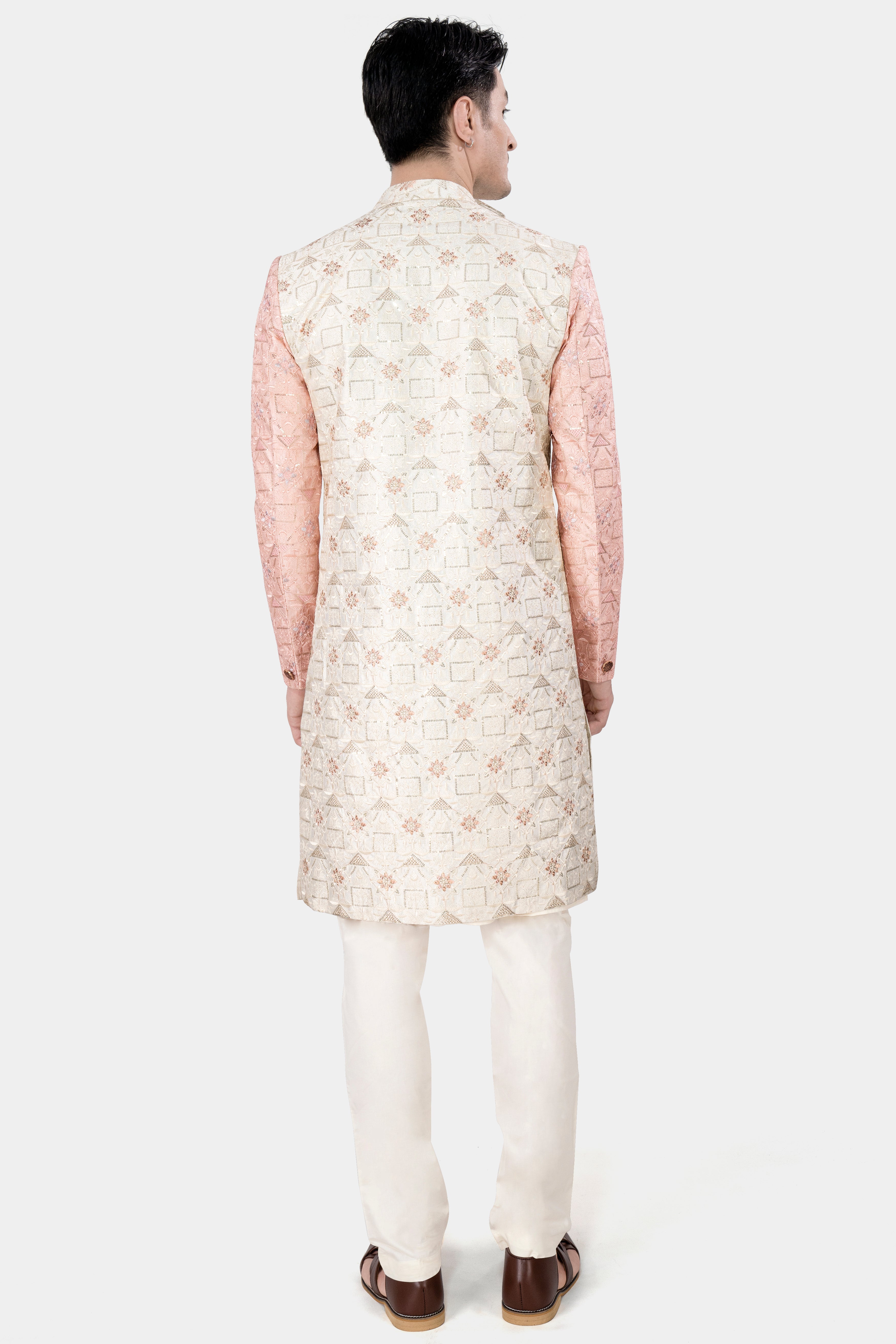 Alabaster Cream and Blush Pink Embroidered With Sequins Work Sherwani With Cream Kurta and Pajama Set
