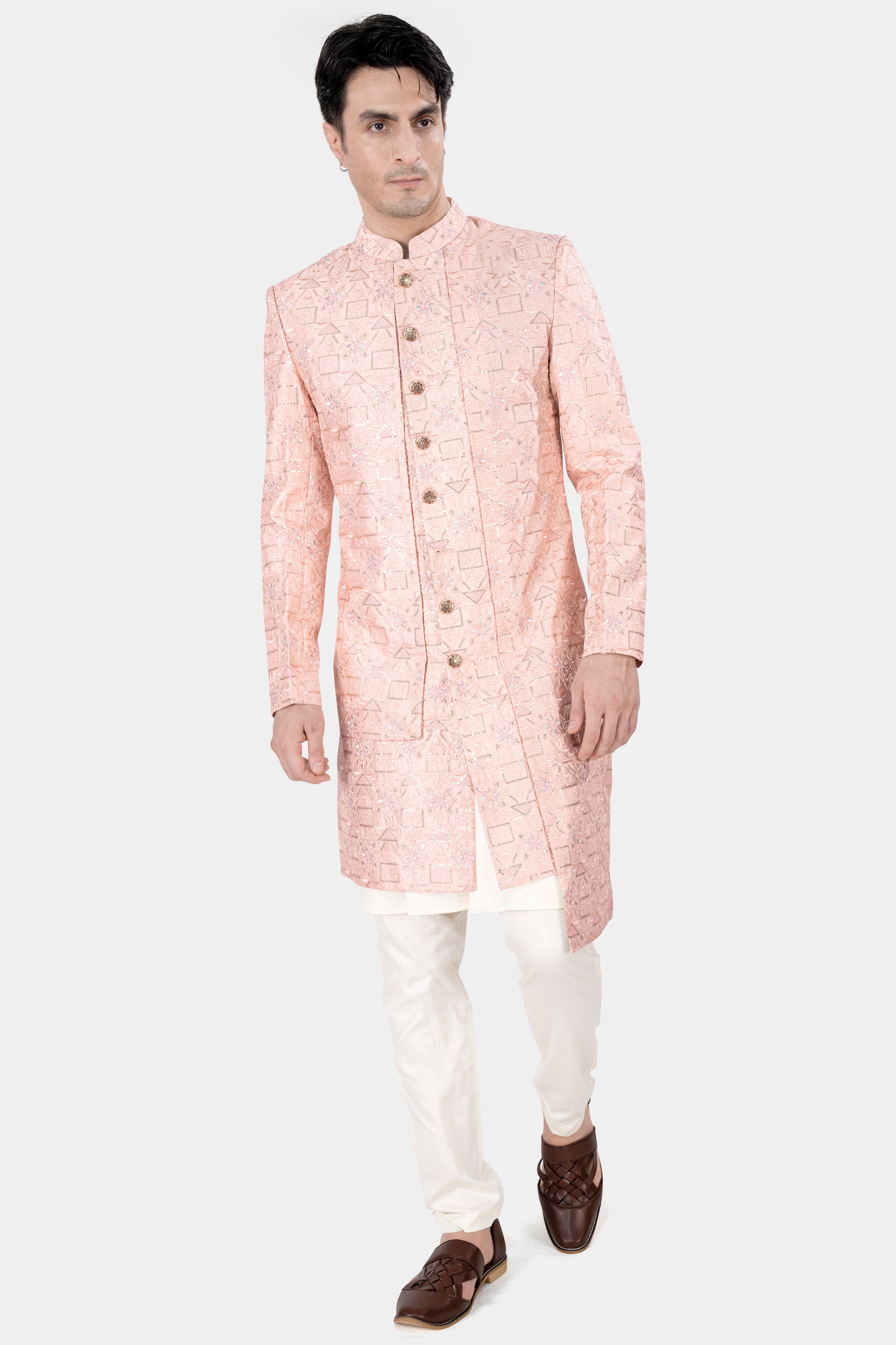 Mandys Pink Tone on Tone Embroidered With Sequins Work Indo Western With Kurta and Pajama Set