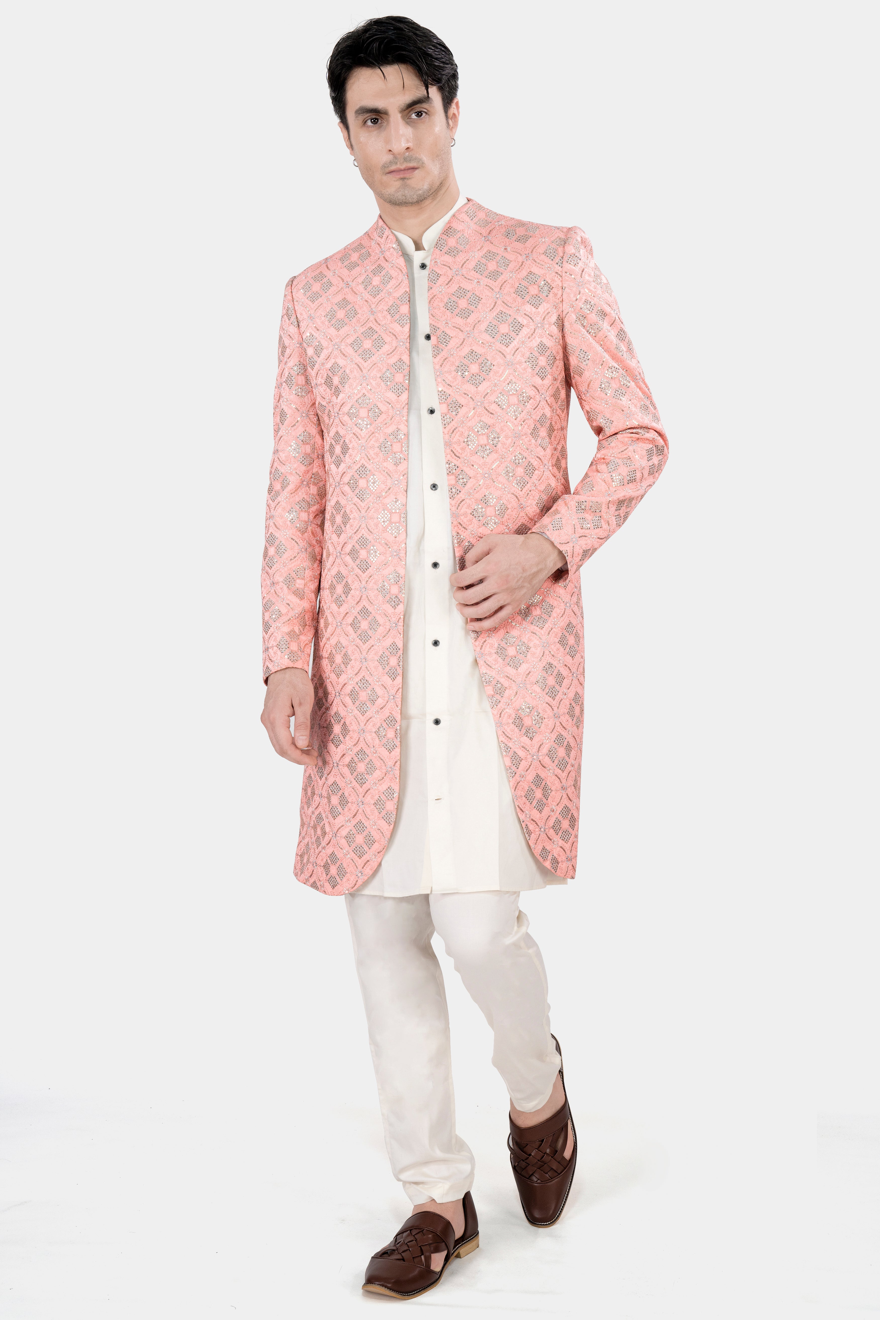 Blush Pink and Alabaster Cream Embroidered With Sequins Work Indo Western With Kurta and Pant Set