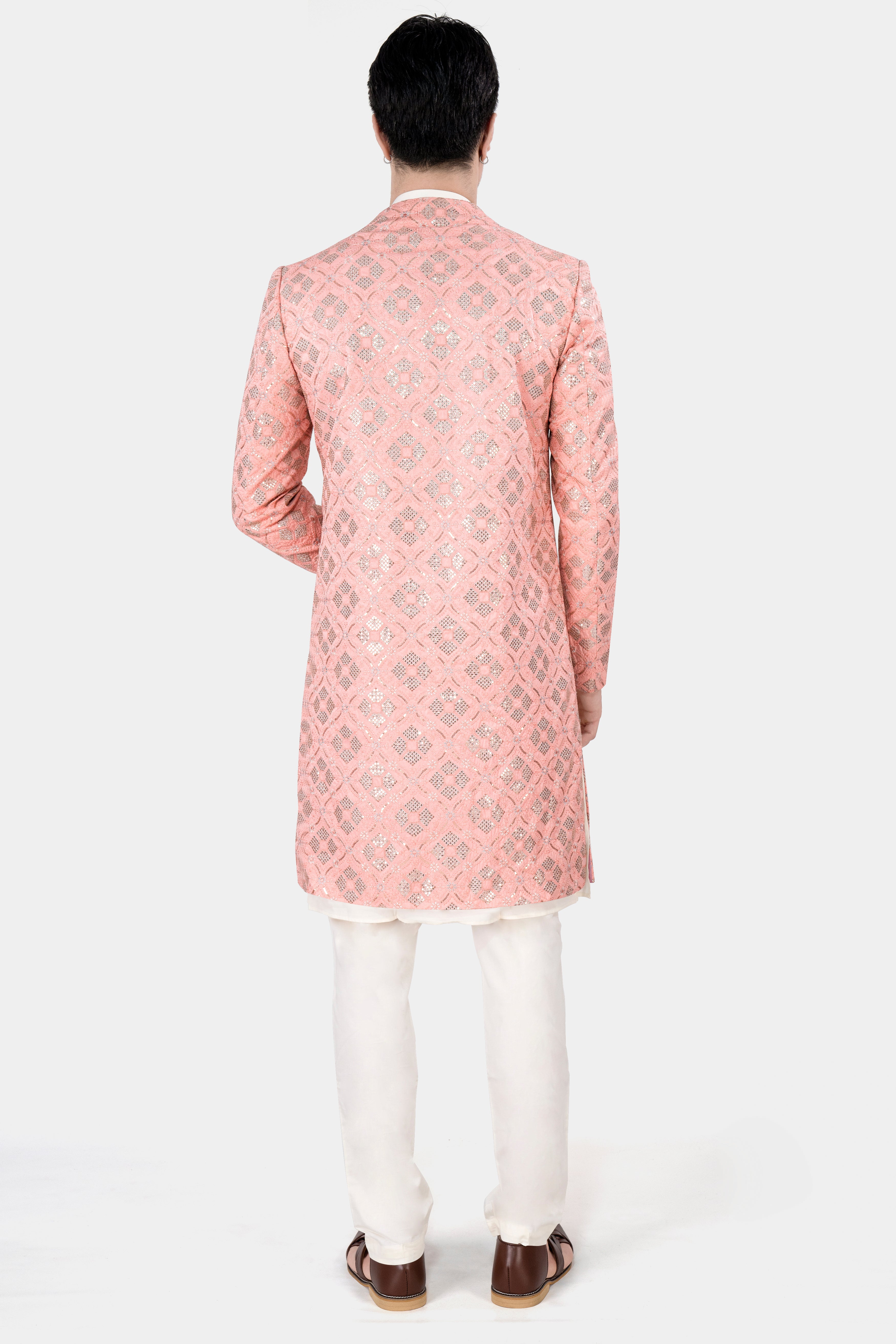 Blush Pink and Alabaster Cream Embroidered With Sequins Work Indo Western With Kurta and Pant Set