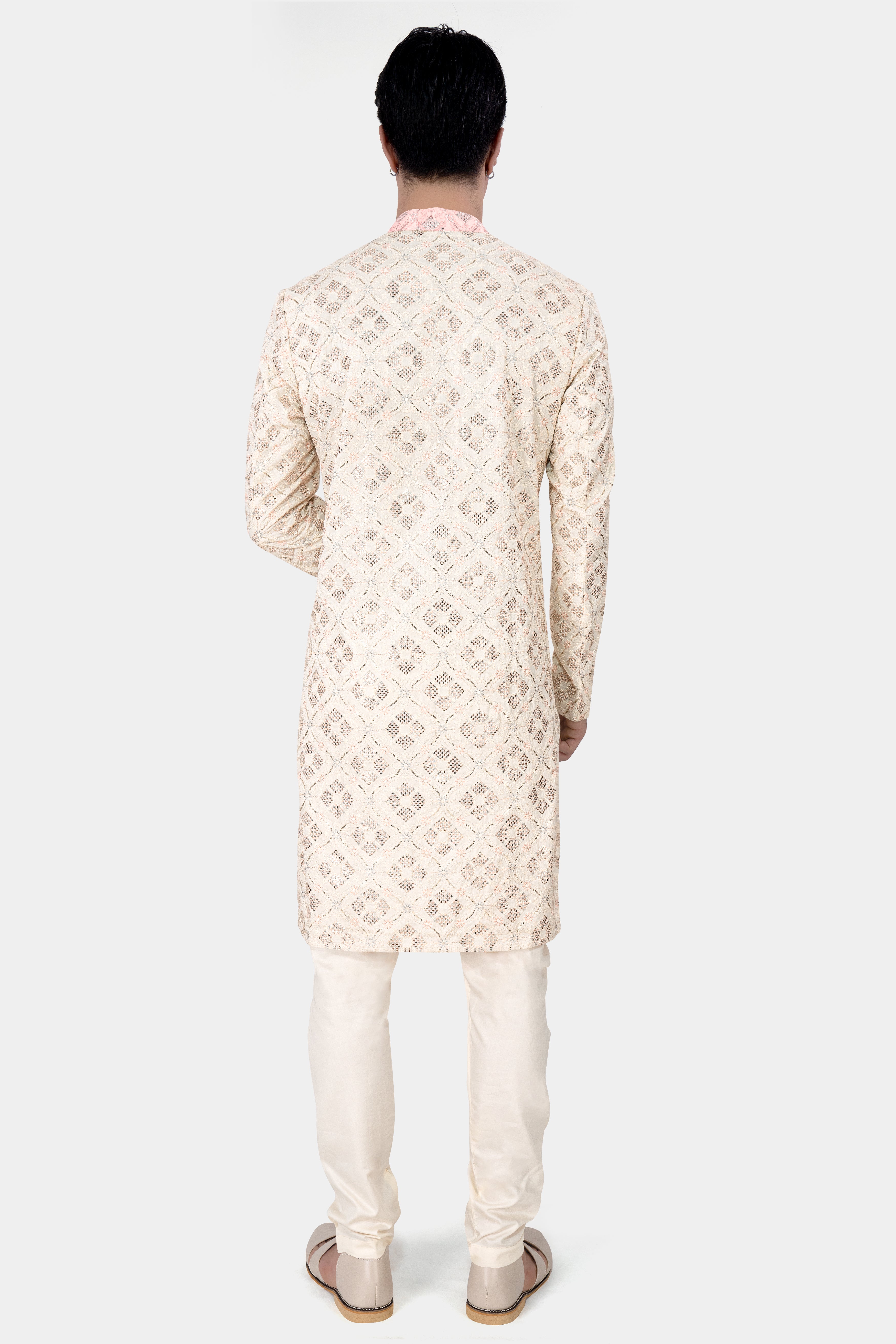 Almond Beige and Cosmos Pink Embroidered With Sequins Work Sherwani With Kurta and Pajama Set