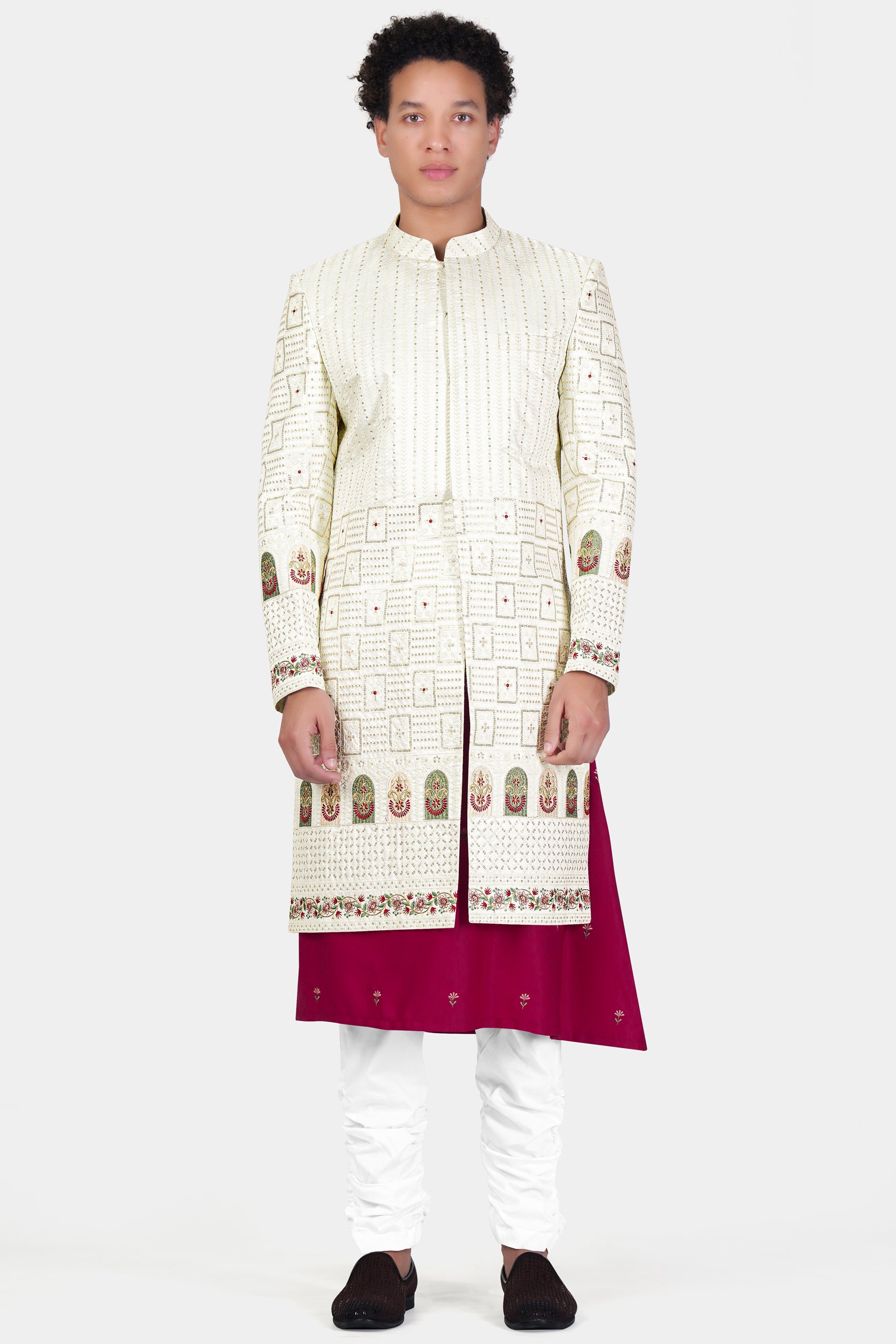 Merino Cream with Finch Green Multicolour Thread and Sequin Embroidered Indo-Western Sherwani Set