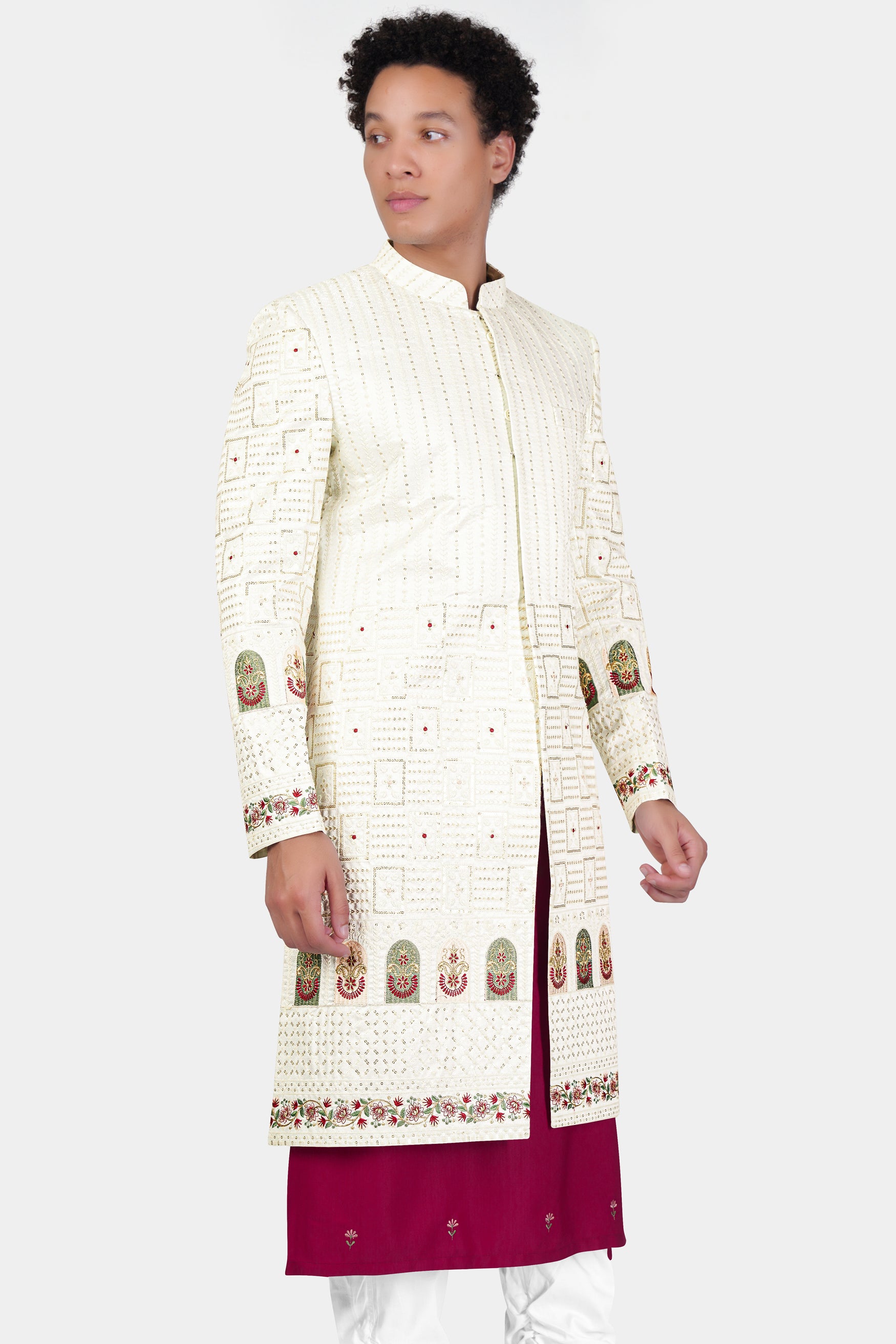 Merino Cream with Finch Green Multicolour Thread and Sequin Embroidered Indo-Western Sherwani Set