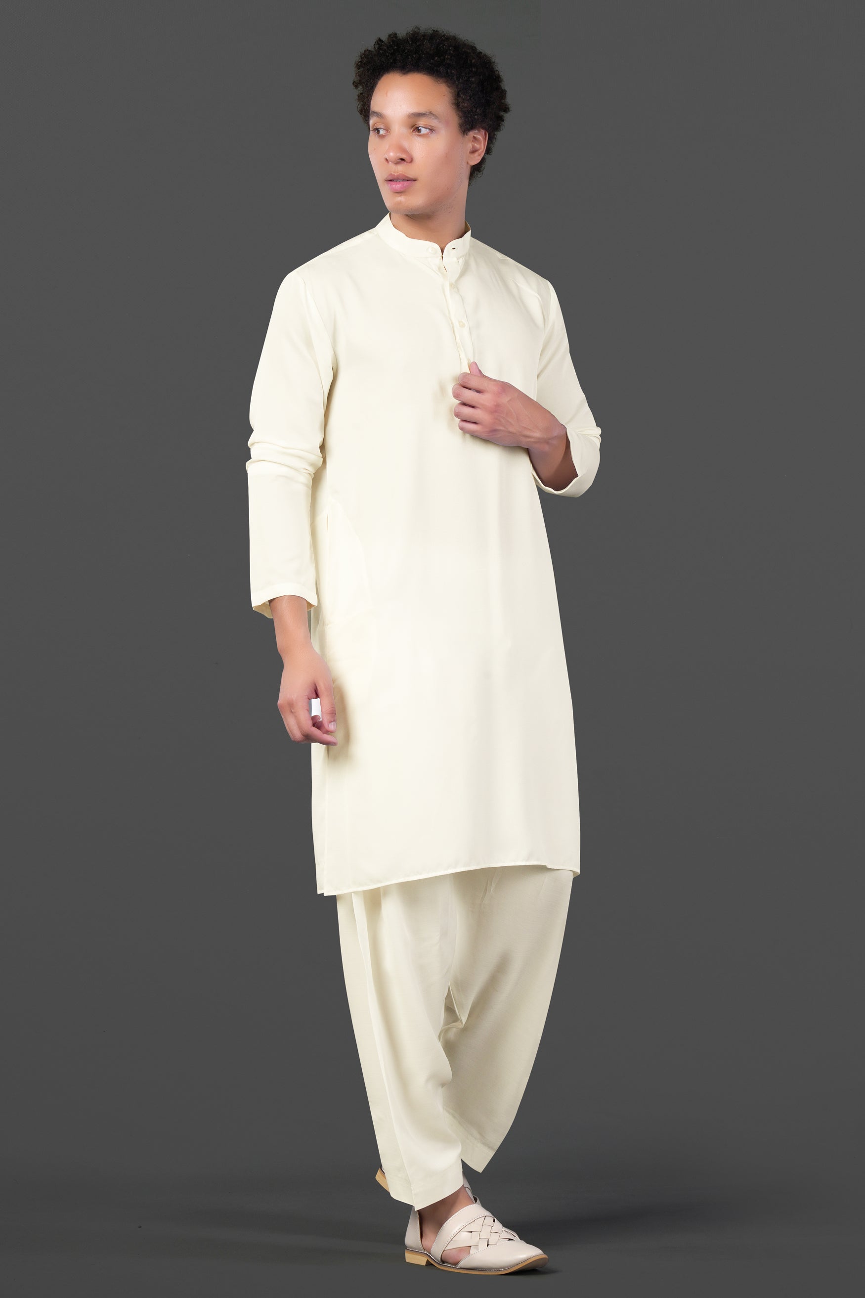 Merino Cream with Finch Green Cross Placket Bandhgala Thread and Sequin Embroidered Indo-Western Sherwani Set