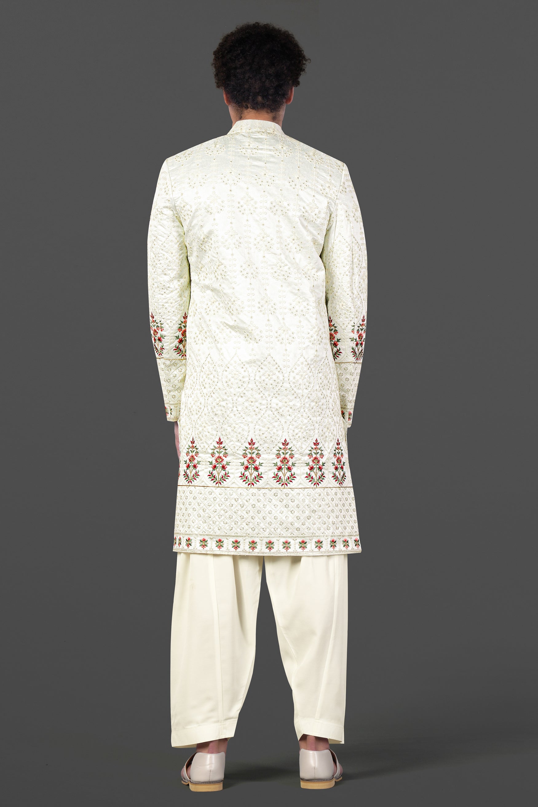 Merino Cream with Finch Green Cross Placket Bandhgala Thread and Sequin Embroidered Indo-Western Sherwani Set