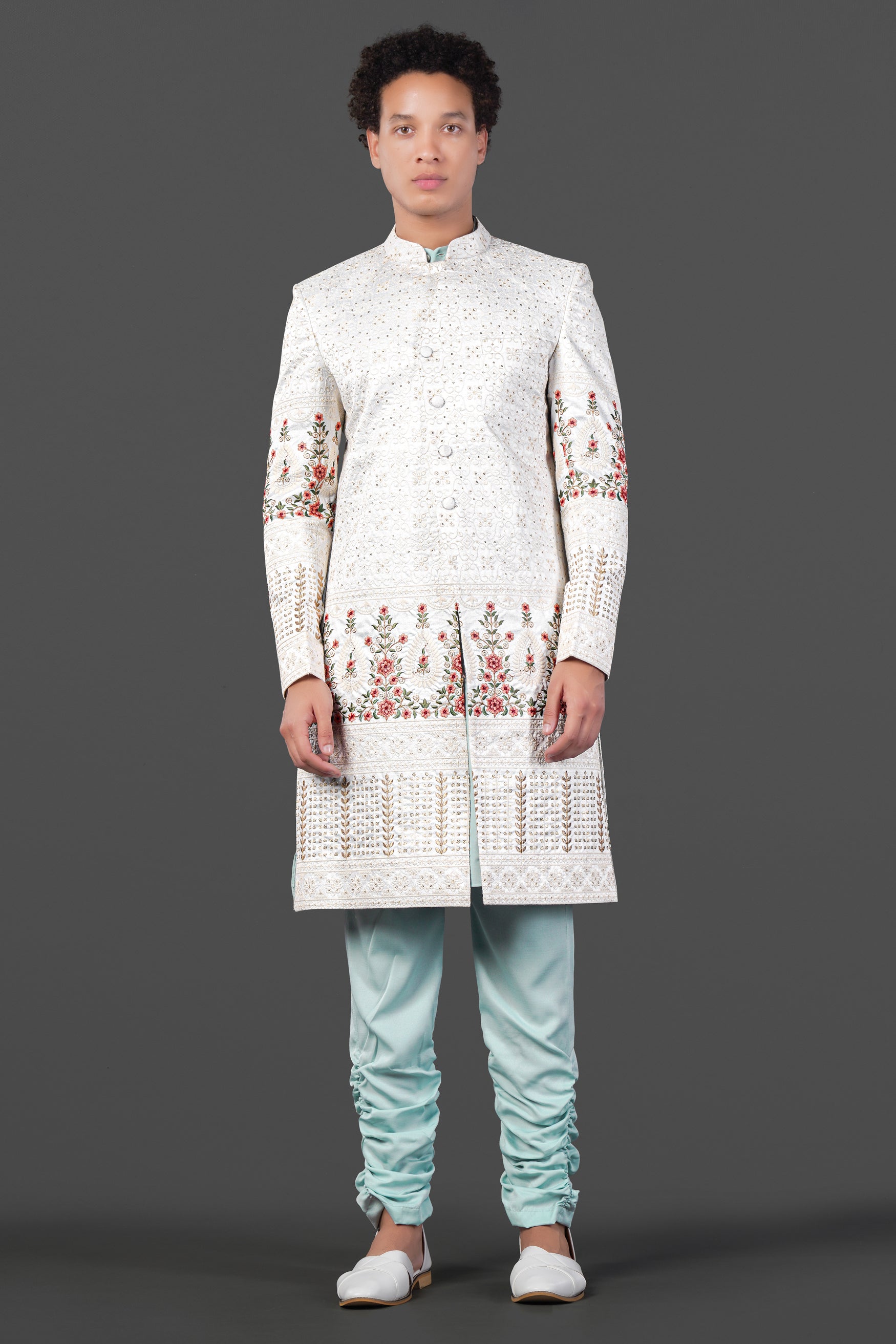 Merino Cream and Apricot Peach Multicolour Thread and Sequin Embroidered Indo-Western Sherwani Set