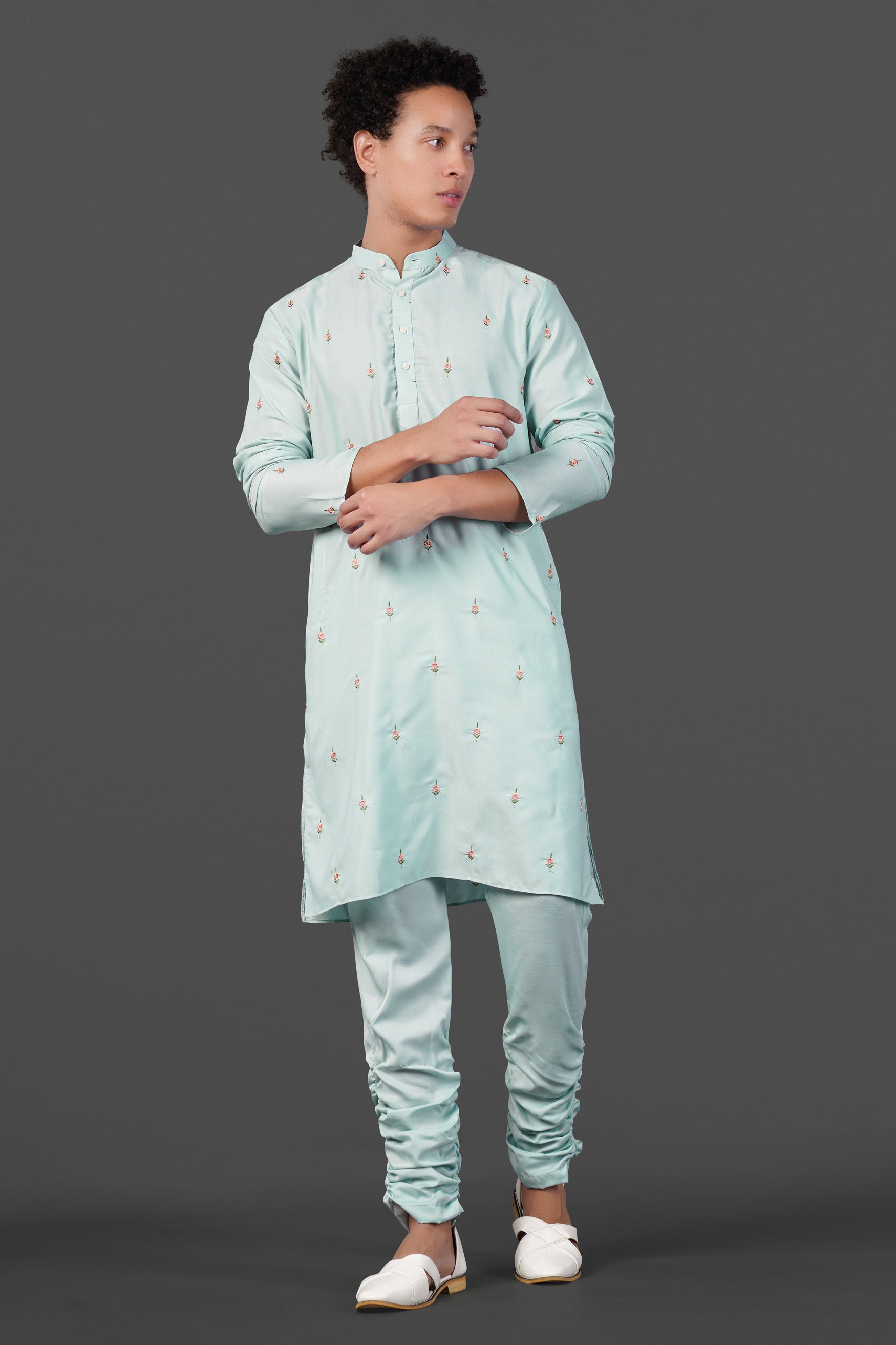 Merino Cream and Apricot Peach Multicolour Thread and Sequin Embroidered Indo-Western Sherwani Set