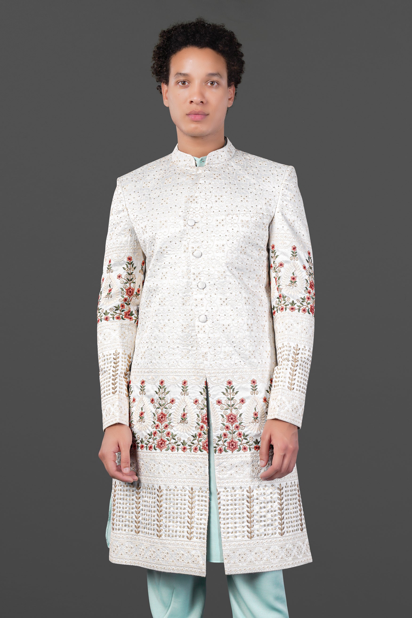 Merino Cream and Apricot Peach Multicolour Thread and Sequin Embroidered Indo-Western Sherwani Set