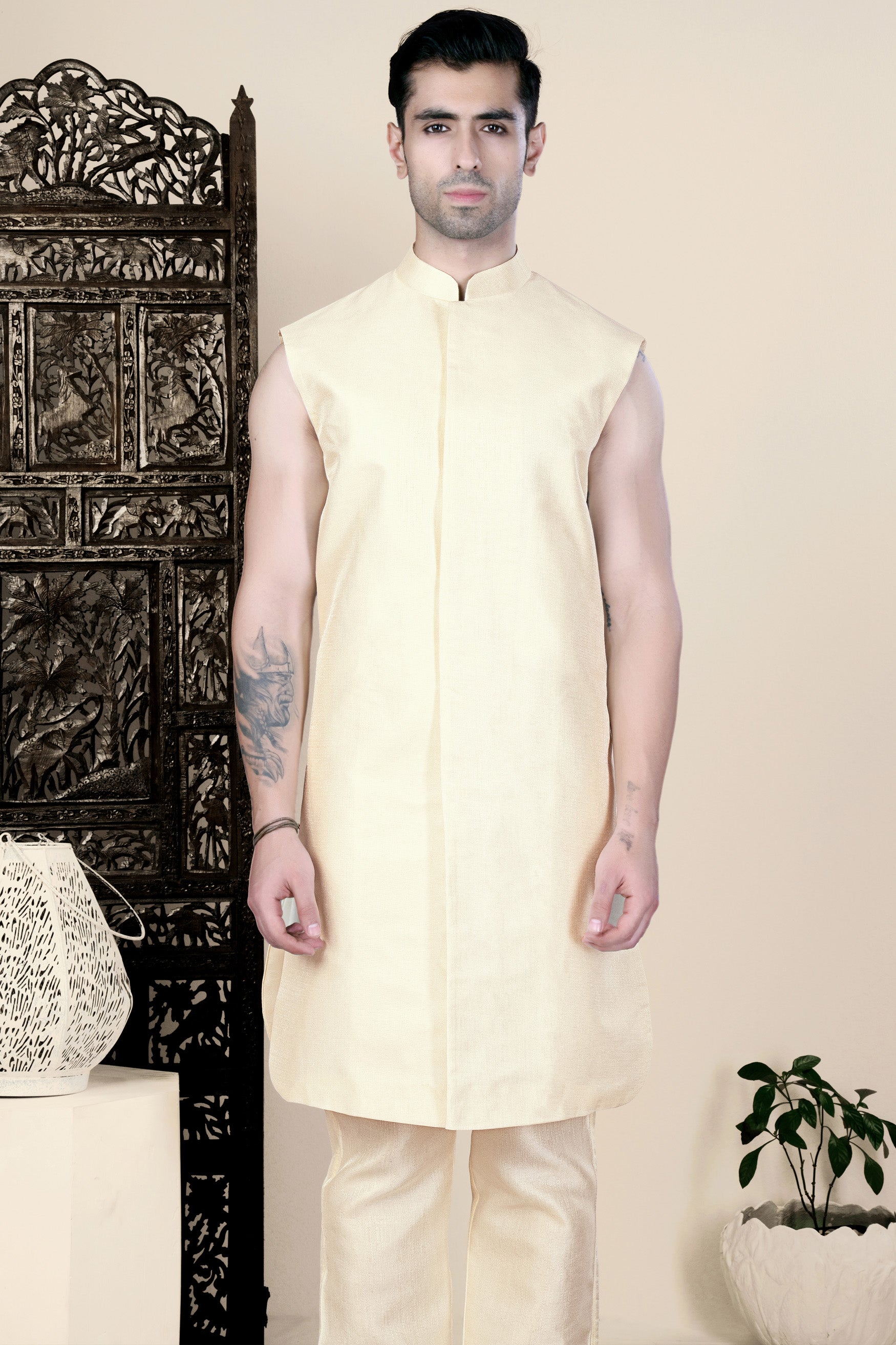 Almond Beige Thread and Sequin Embroidered Indo-Western Set