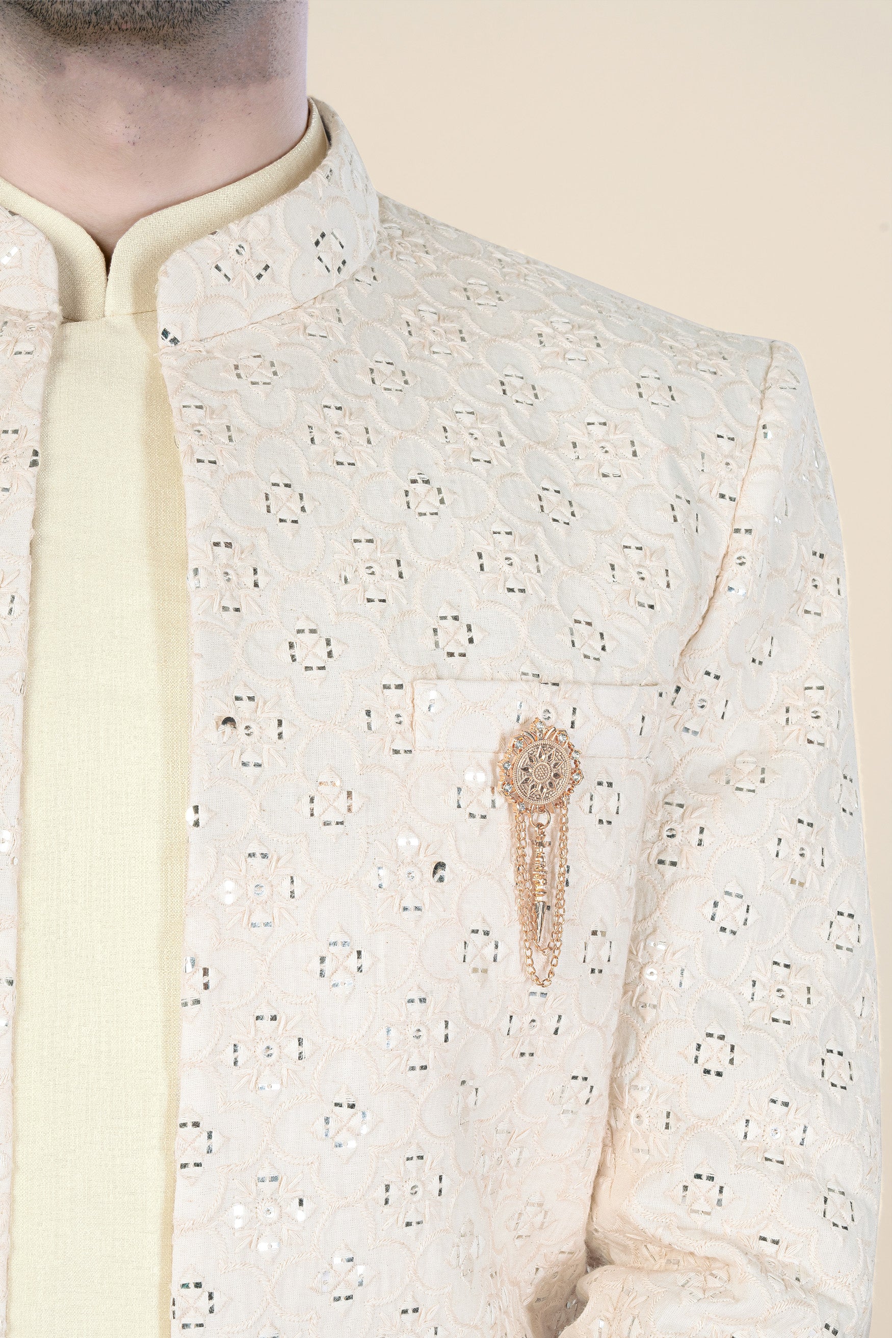 Almond Beige Thread and Sequin Embroidered Indo-Western Set