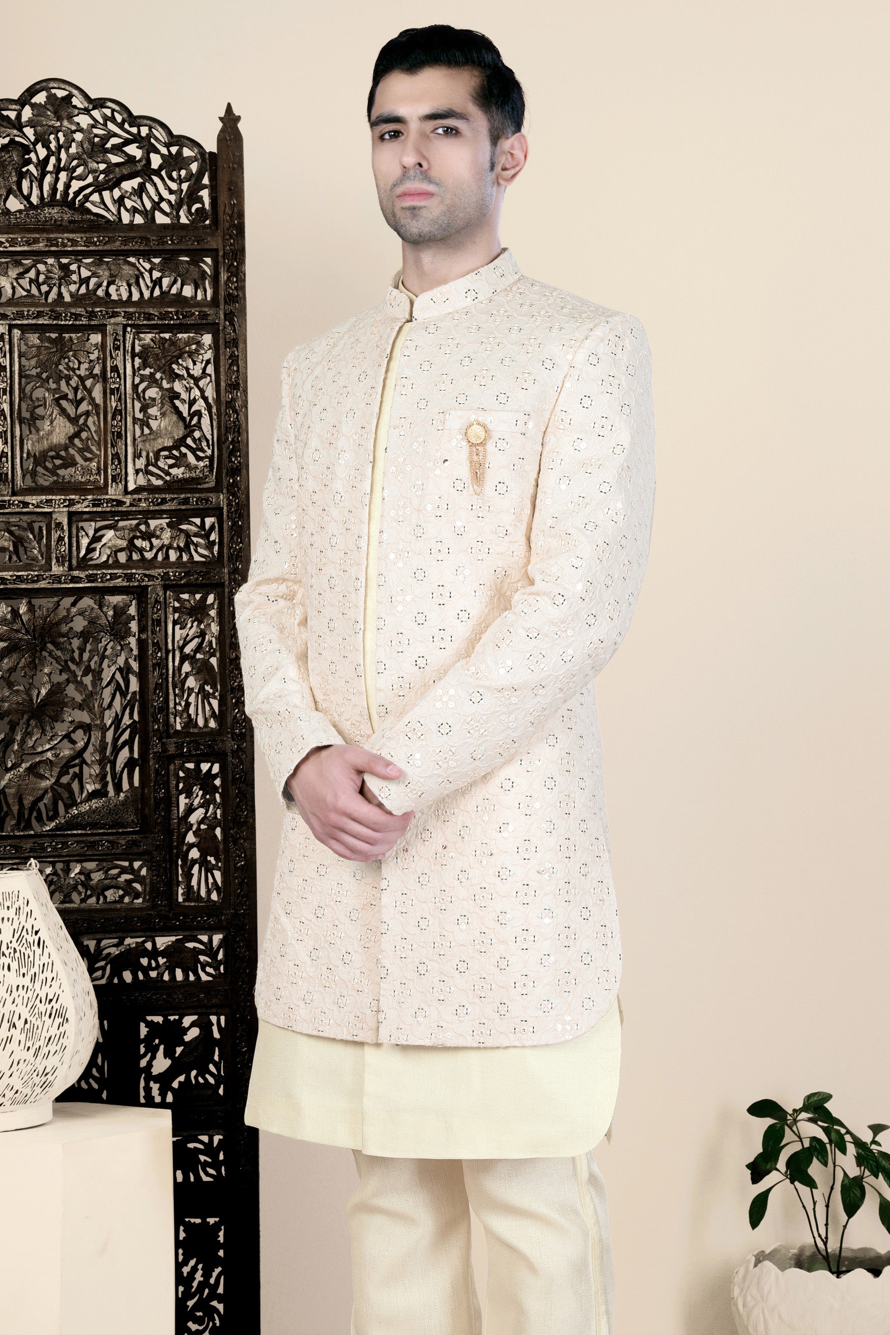 Almond Beige Thread and Sequin Embroidered Indo-Western Set