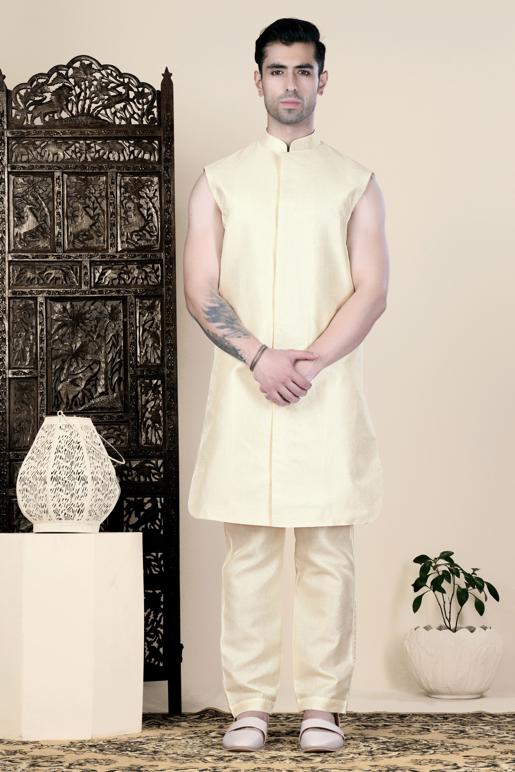 Almond Beige Thread and Sequin Embroidered Indo-Western Set