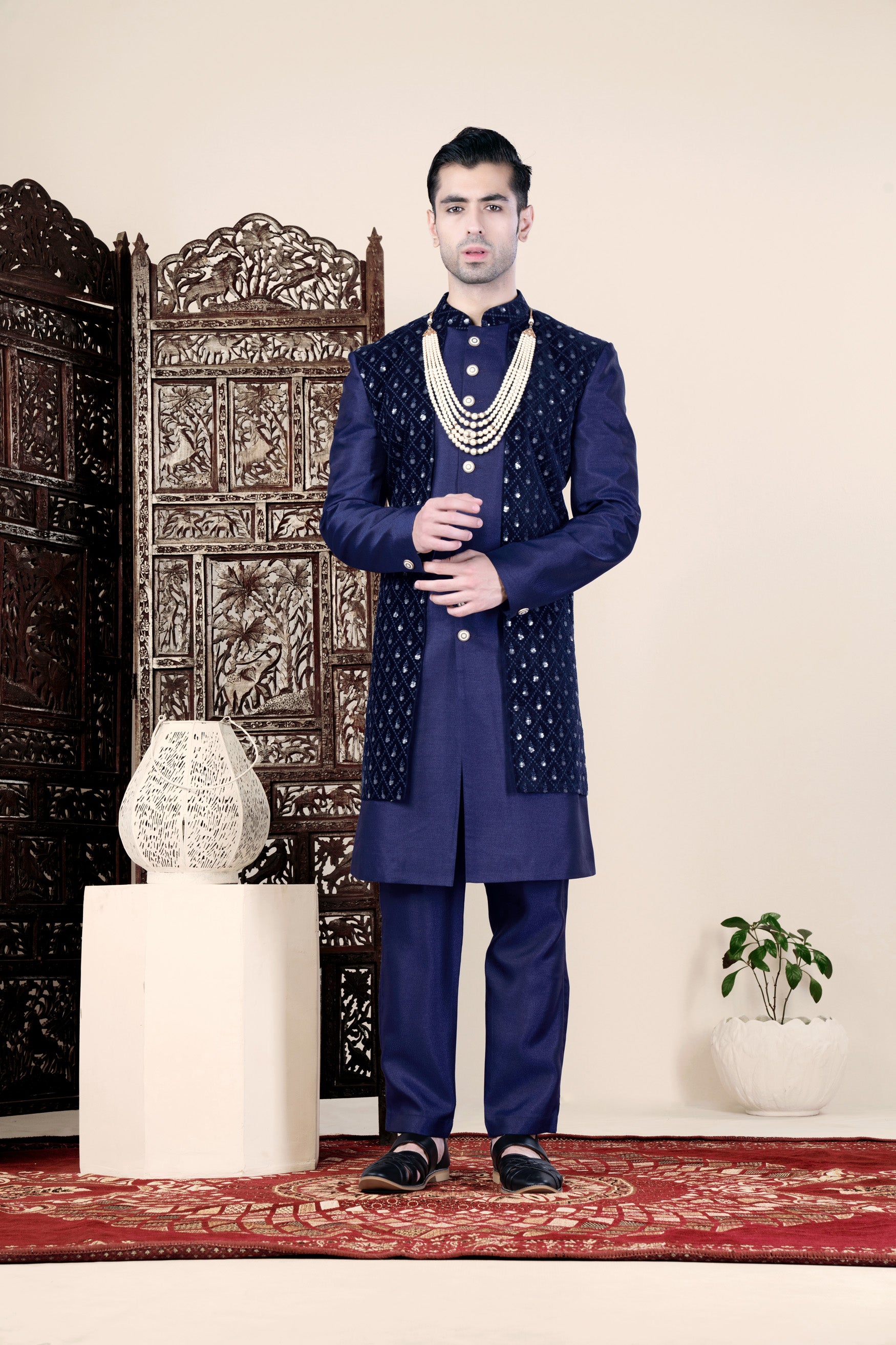 Haiti and Rhino Blue Geometric Thread and Sequin Embroidered Indo-Western Set