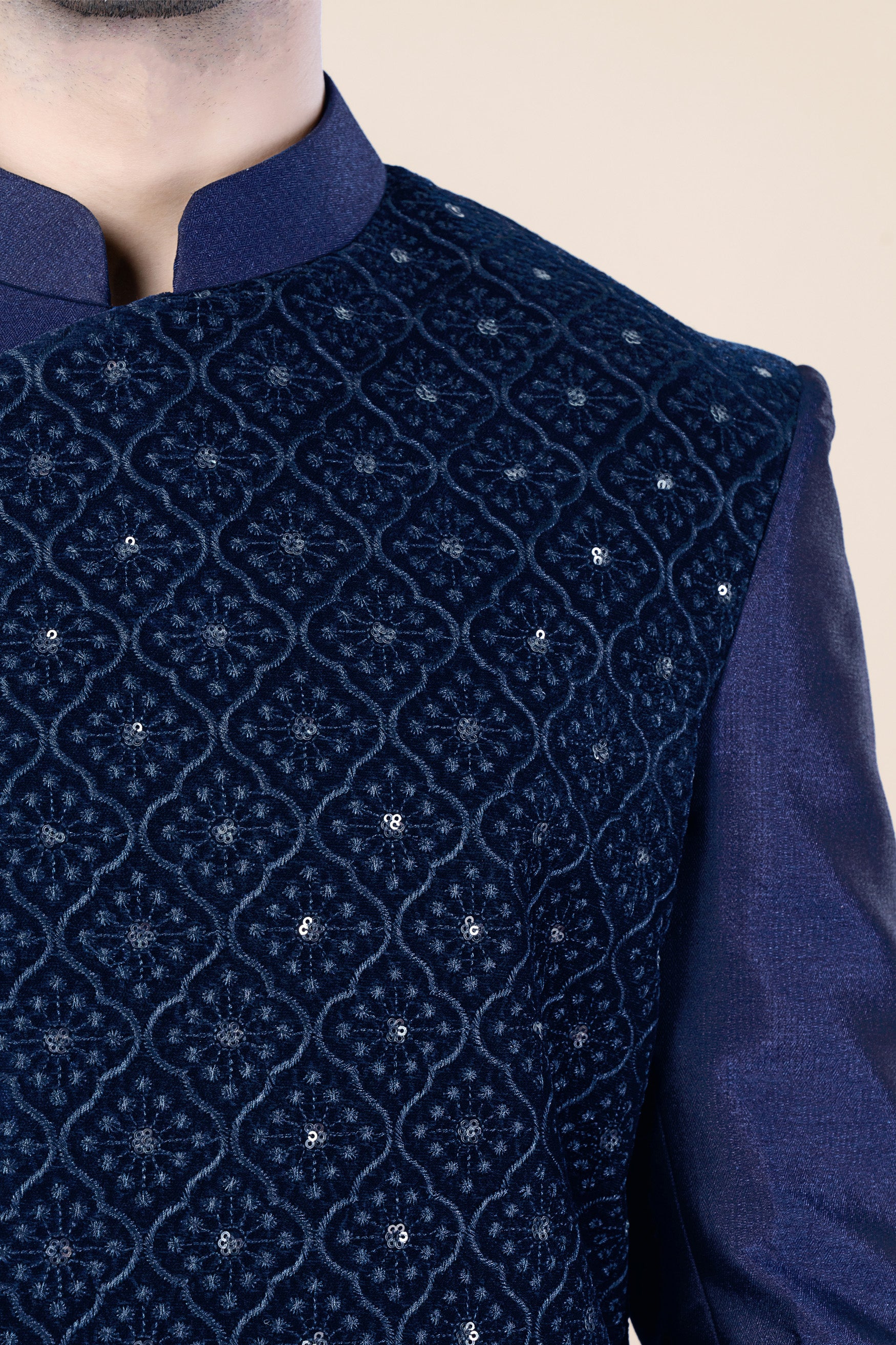 Cloud Burst and Haiti Blue Moroccan Thread and Sequin Embroidered Indo-Western Set