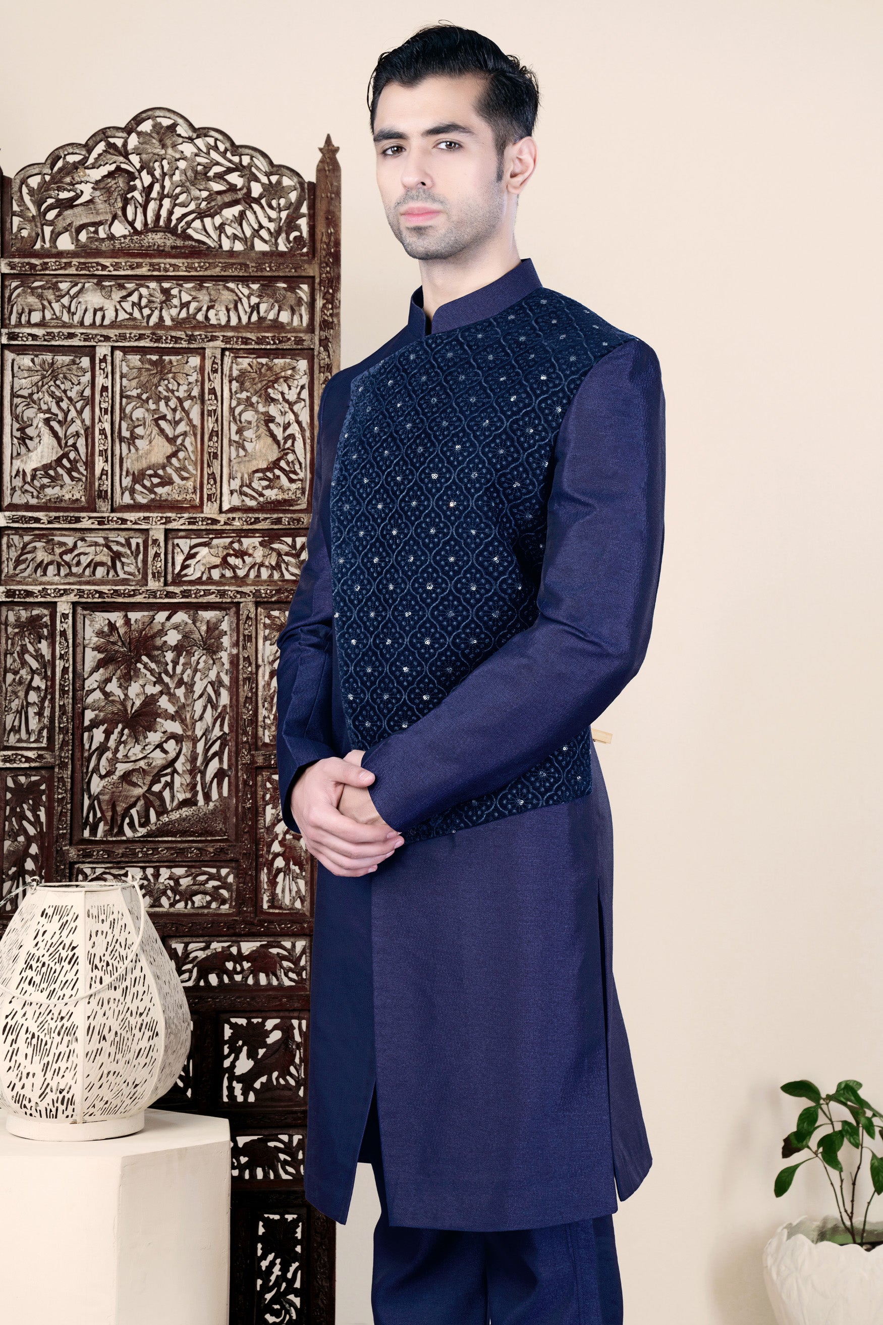 Cloud Burst and Haiti Blue Moroccan Thread and Sequin Embroidered Indo-Western Set