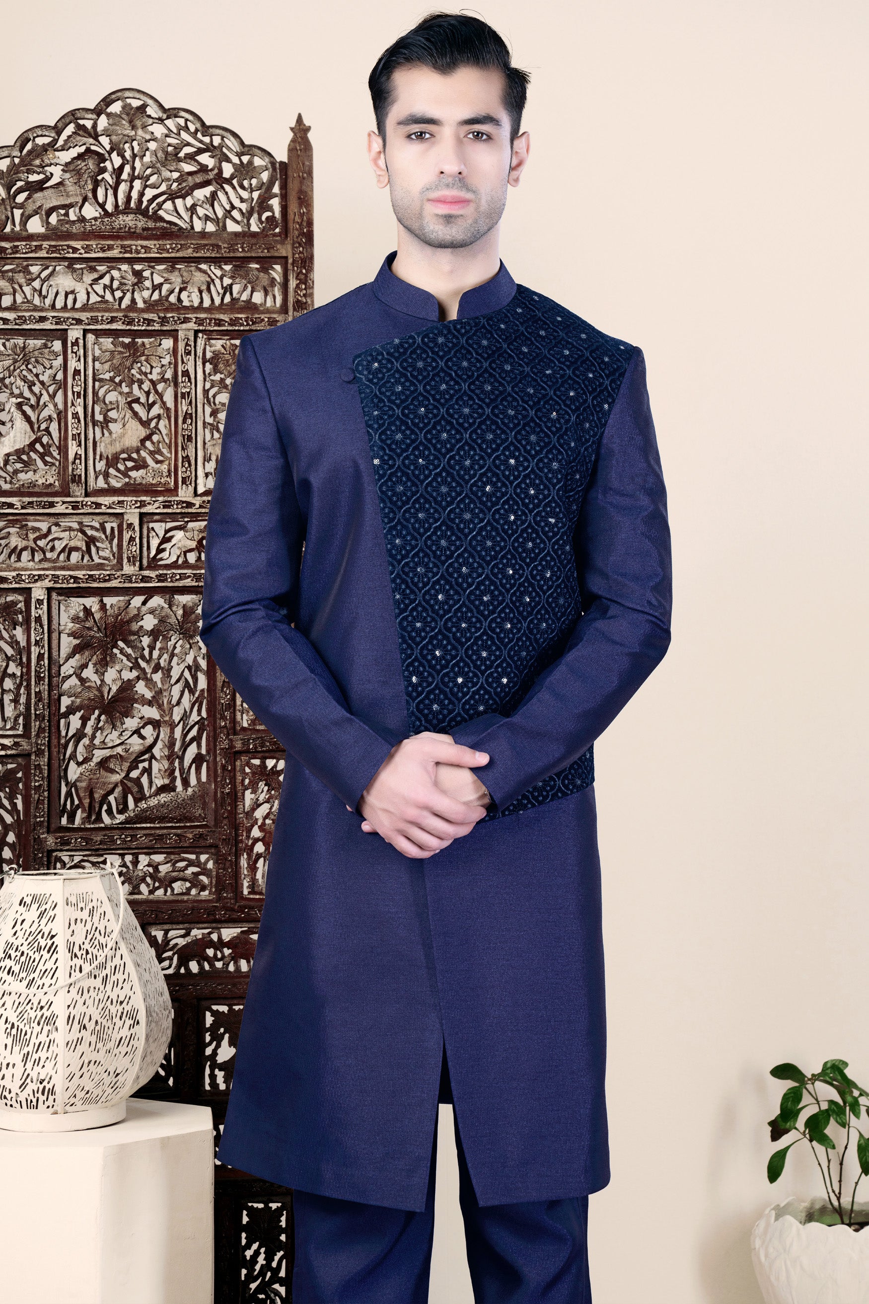 Cloud Burst and Haiti Blue Moroccan Thread and Sequin Embroidered Indo-Western Set
