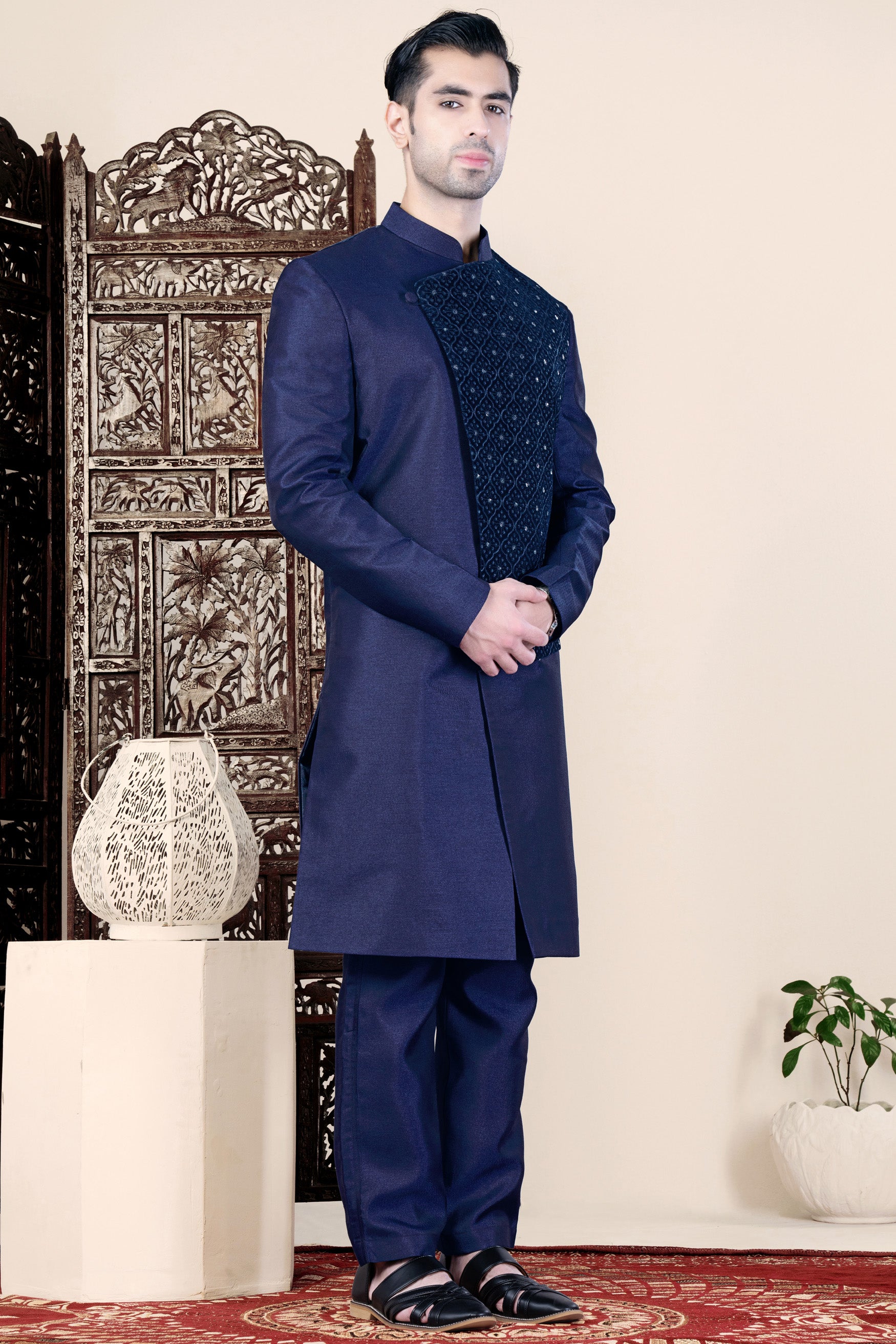 Cloud Burst and Haiti Blue Moroccan Thread and Sequin Embroidered Indo-Western Set