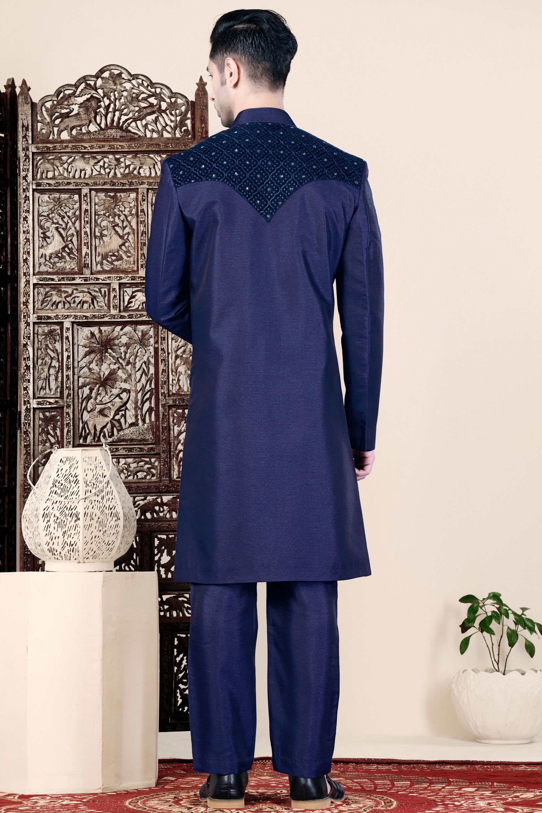 Cloud Burst and Haiti Blue Moroccan Thread and Sequin Embroidered Indo-Western Set