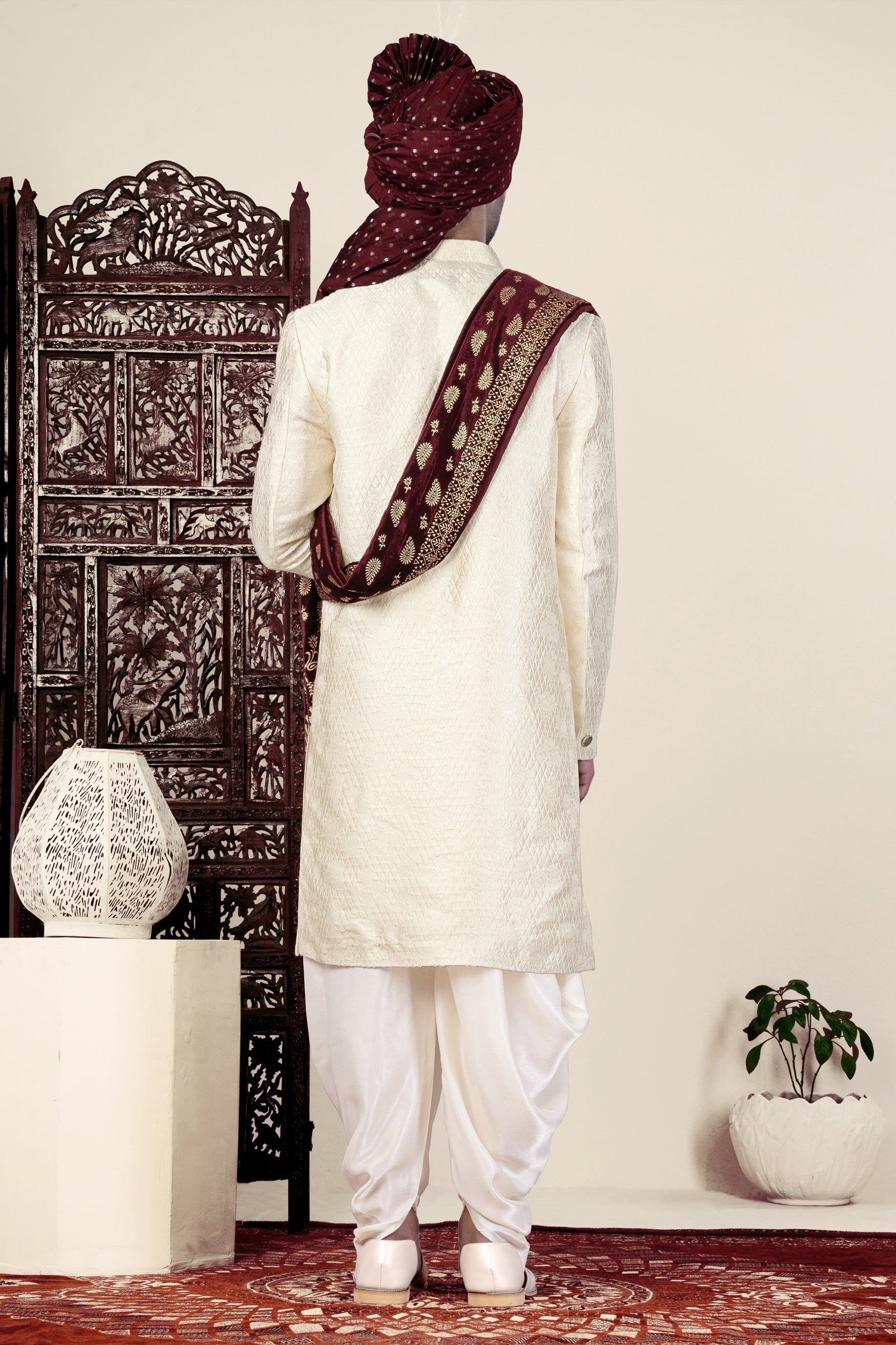 Ebb Cream Trellis Jacquard Weave Indo-Western Sherwani Set