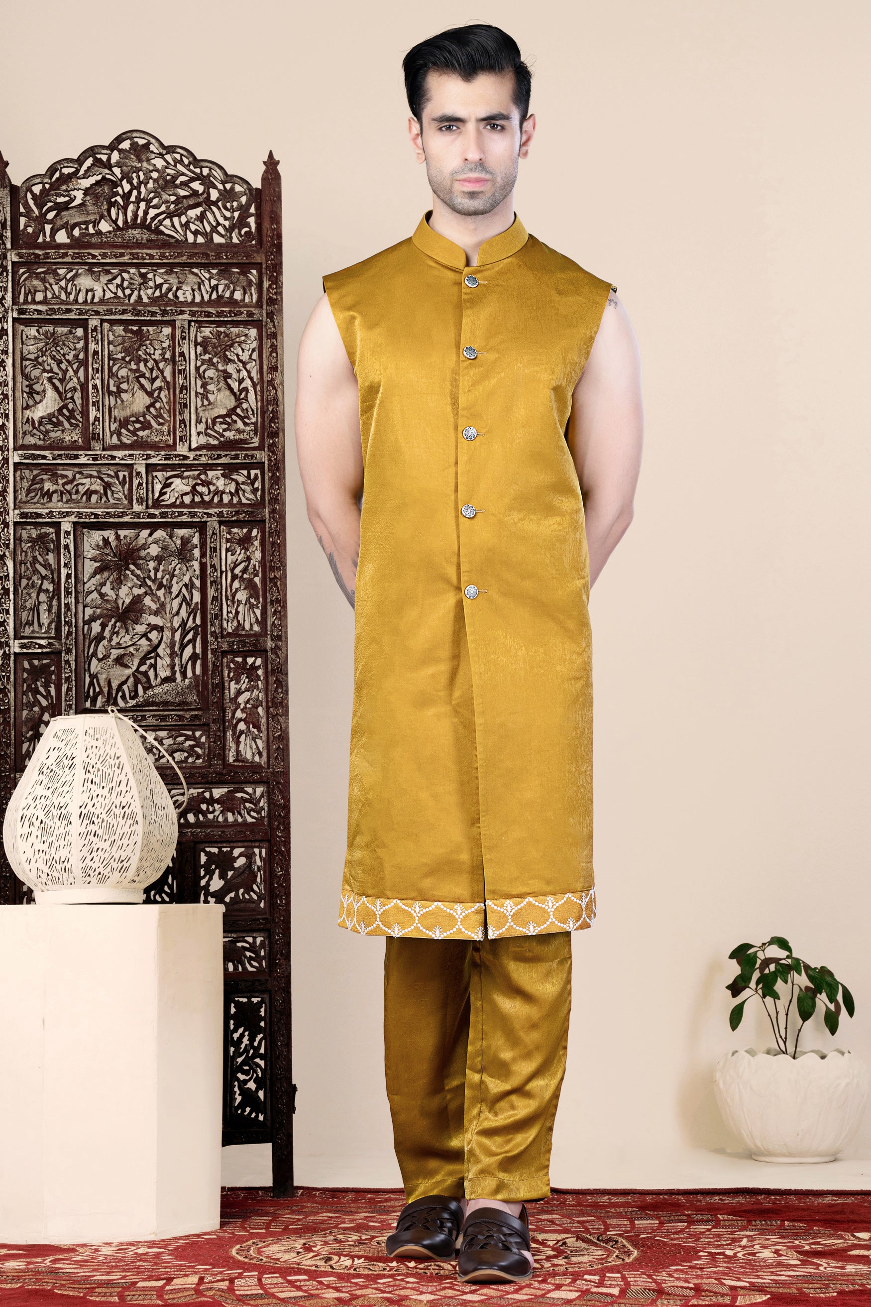 Bright White and Macaroni Yellow Ogee Thread and Sequin Embroidered Indo-Western Set