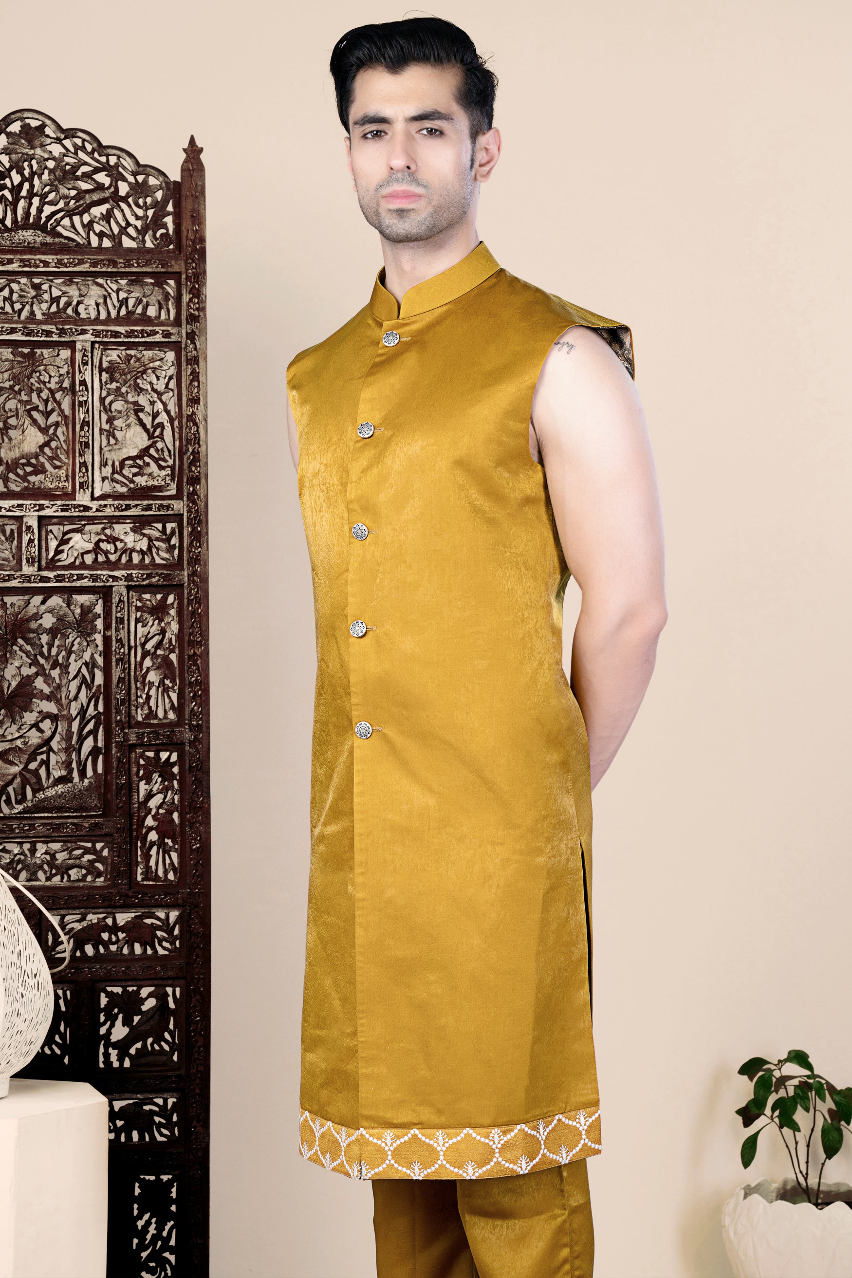 Bright White and Macaroni Yellow Ogee Thread and Sequin Embroidered Indo-Western Set