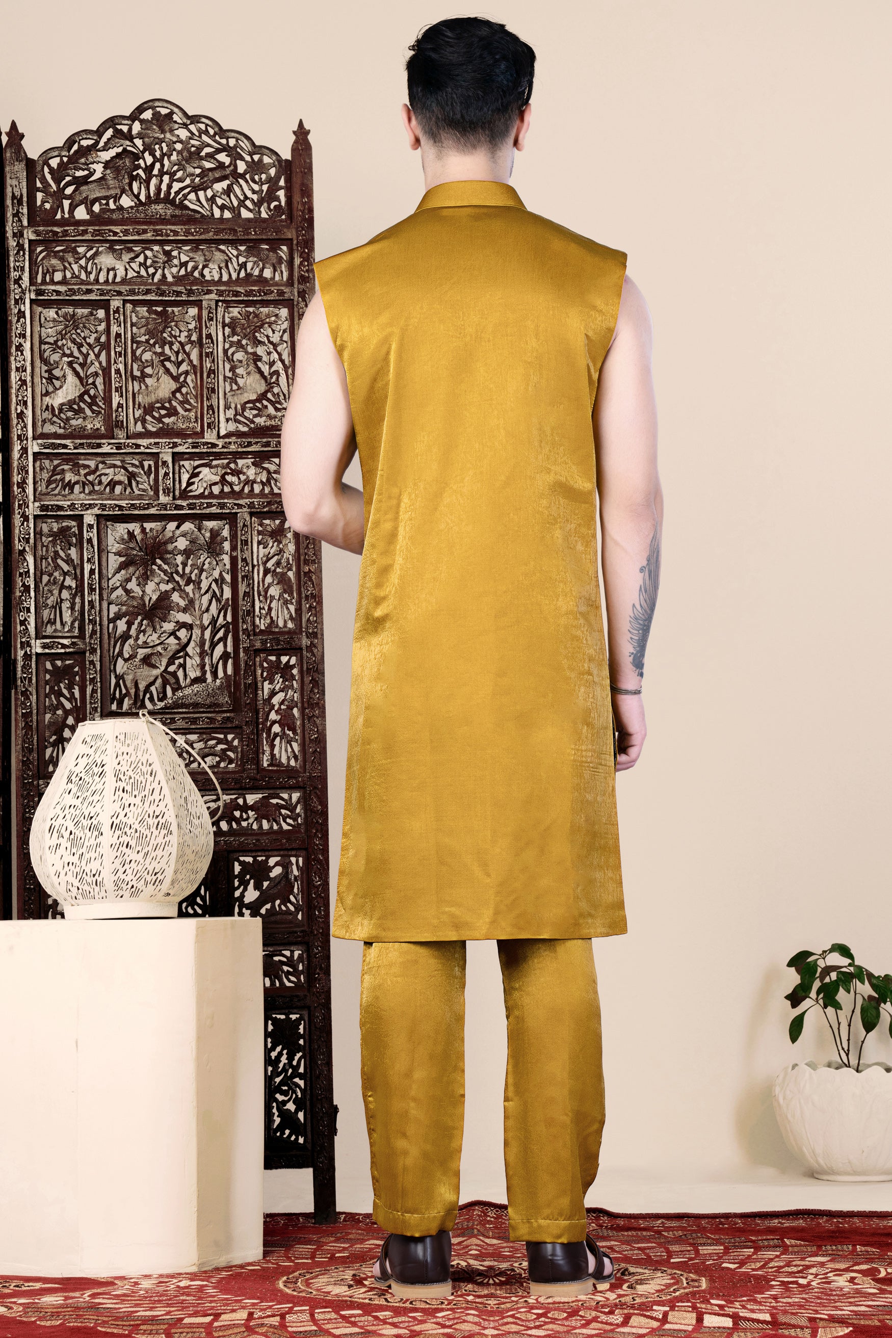 Bright White and Macaroni Yellow Ogee Thread and Sequin Embroidered Indo-Western Set