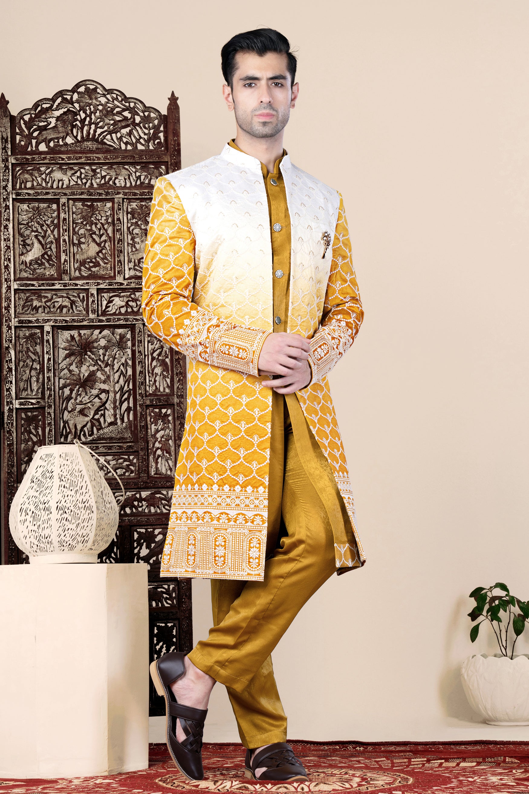 Bright White and Macaroni Yellow Ogee Thread and Sequin Embroidered Indo-Western Set