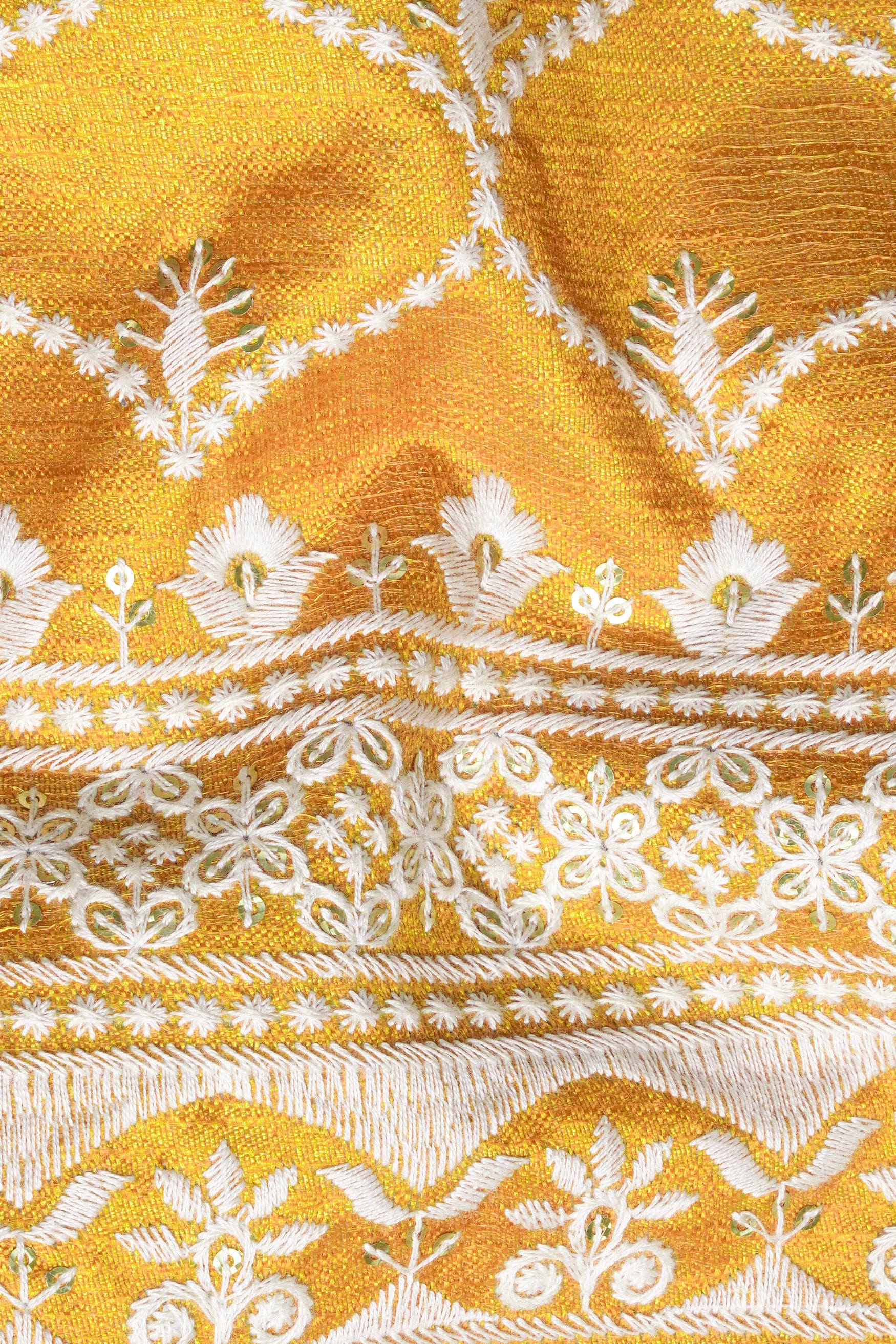 Bright White and Macaroni Yellow Ogee Thread and Sequin Embroidered Indo-Western Set