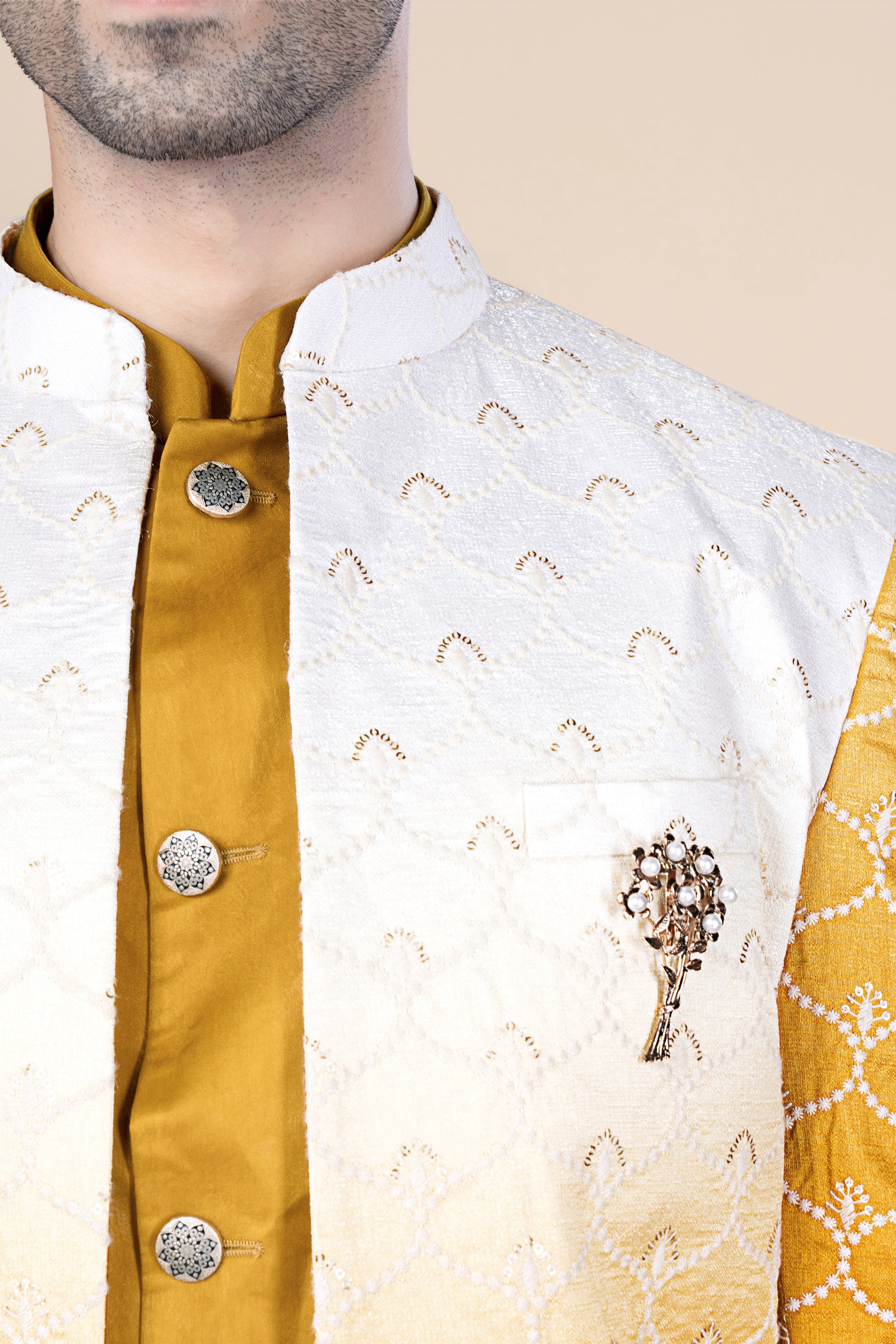 Bright White and Macaroni Yellow Ogee Thread and Sequin Embroidered Indo-Western Set