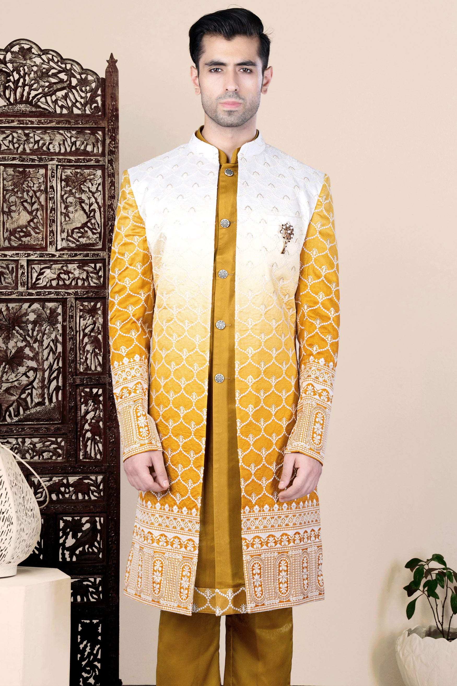 Bright White and Macaroni Yellow Ogee Thread and Sequin Embroidered Indo-Western Set